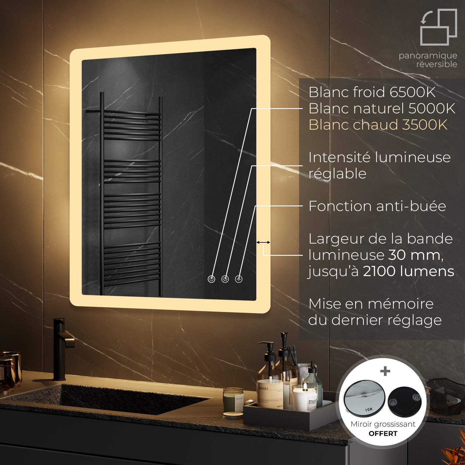 Miroir lumineux 100 x 60 cm loupe 3x avec bluetooth + 3 couleurs + anti-buée, miroir de salle de bain LED à Prix