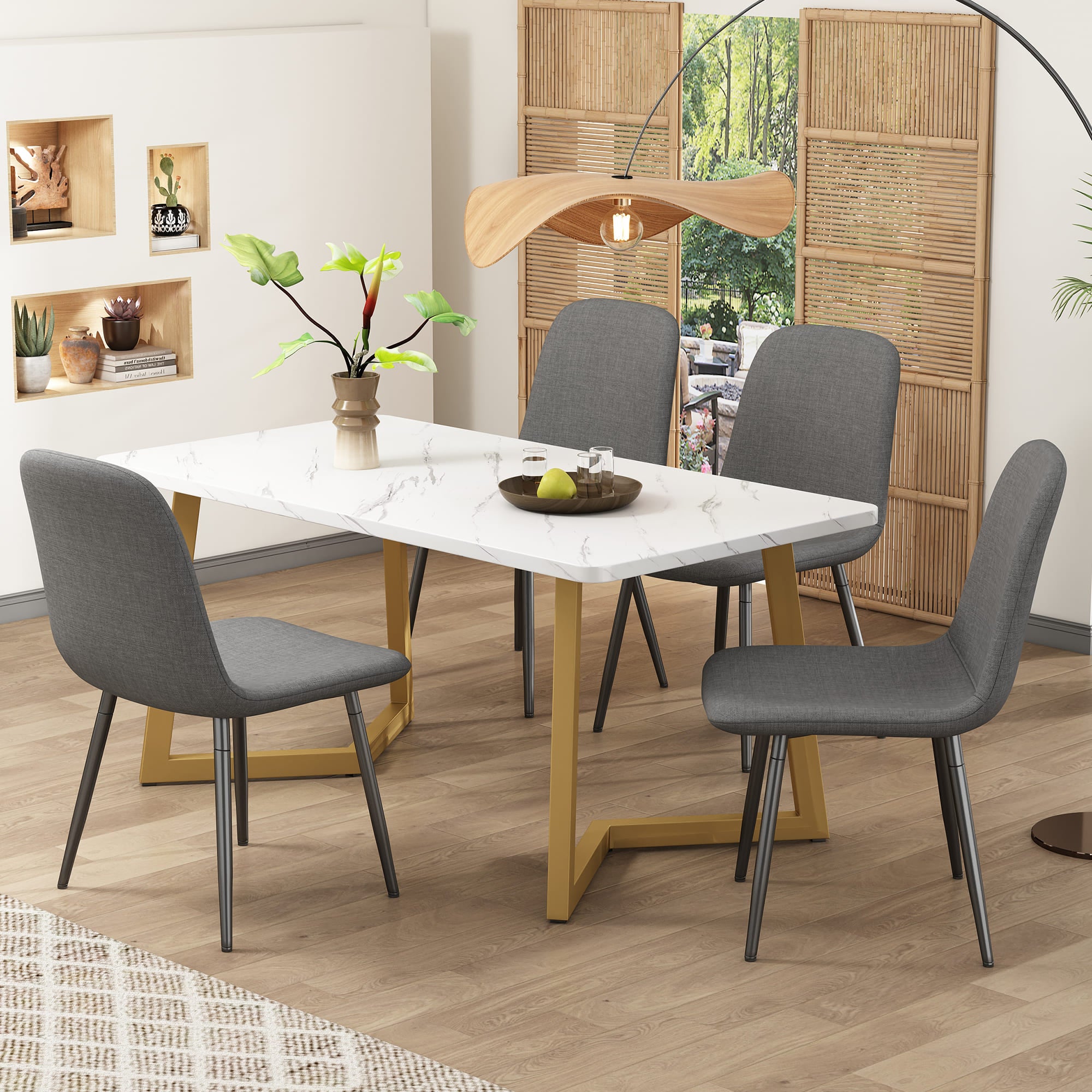 Set di tavolo e 4 sedie tavolo con gambe dorate sedie imbottite in lino Dore Gris Leroy Merlin