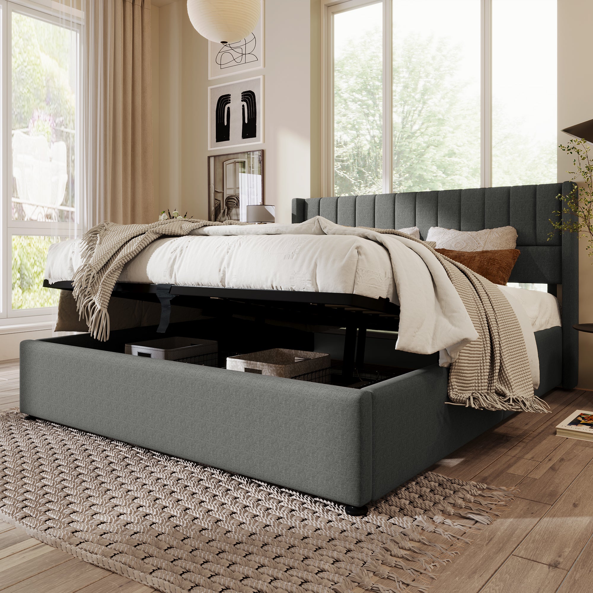Cama contenedor tapizada 160x200 cm en lino con somier de láminas - Gris - 2