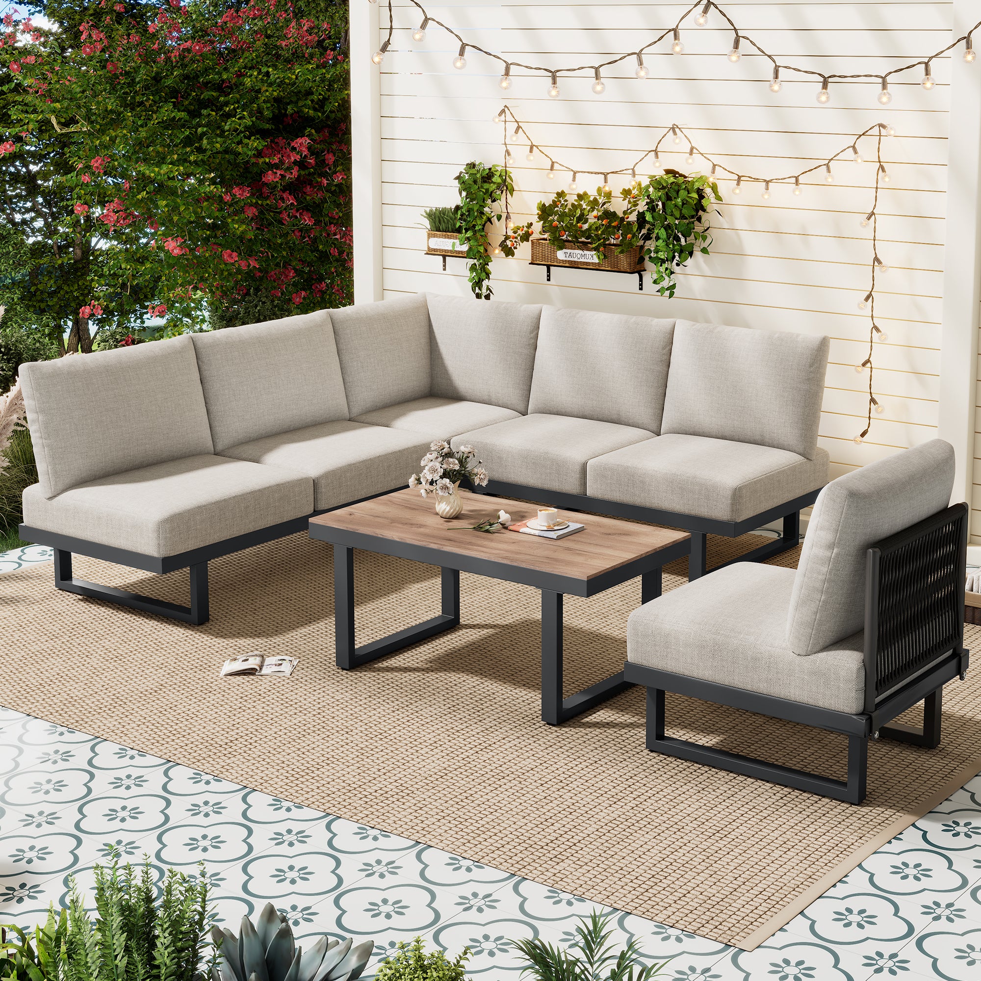 Salon de jardin modulable en acier galvanisé 6 places : 1 canapé 3 places + 1 canapé 2 places + 1 fauteuil + table basse - Gris - 3