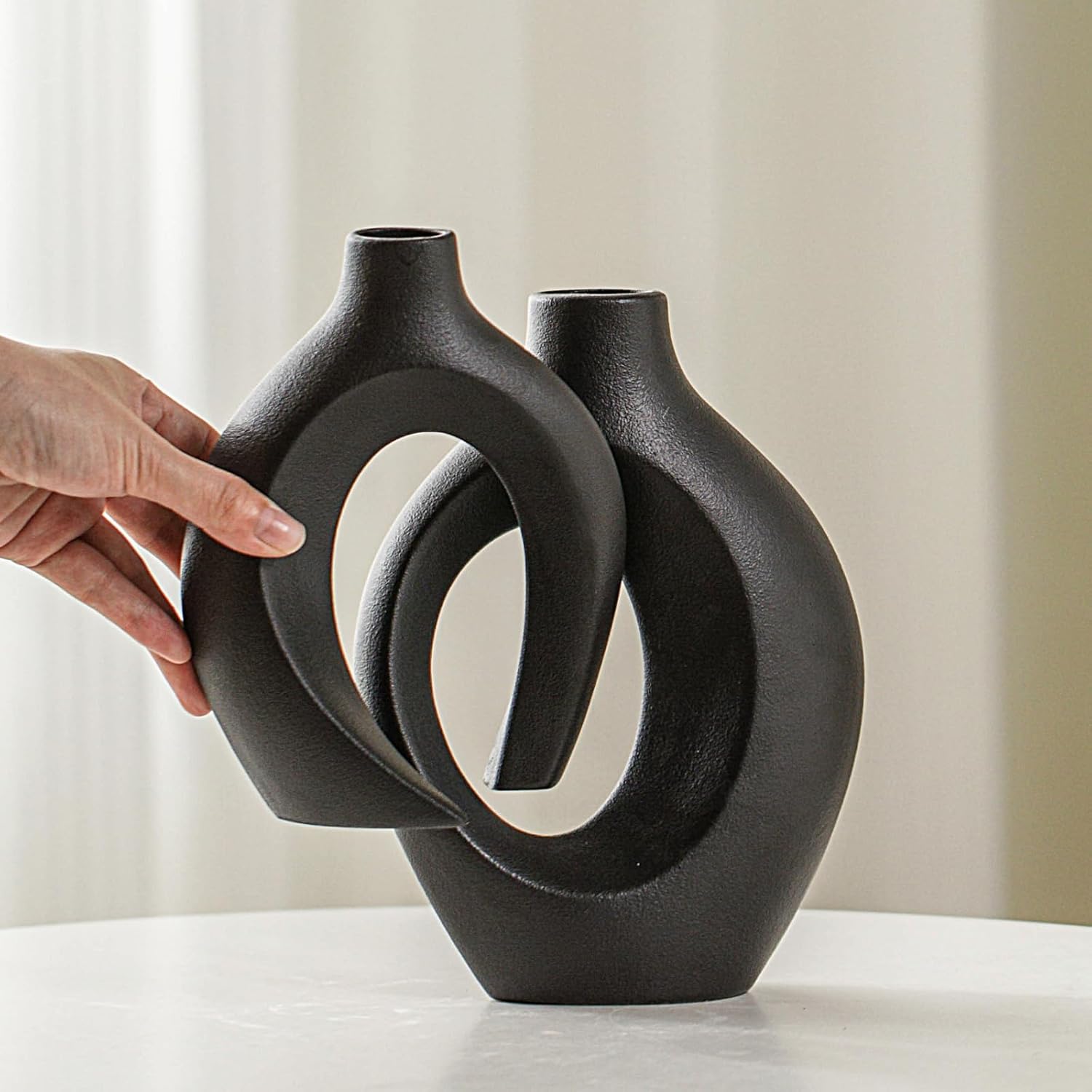 Ensemble de 2 vases en céramique, style bohème moderne nordique, vases décoratifs esthétiques en céramique pour la décoration intérieure (noir) - 2