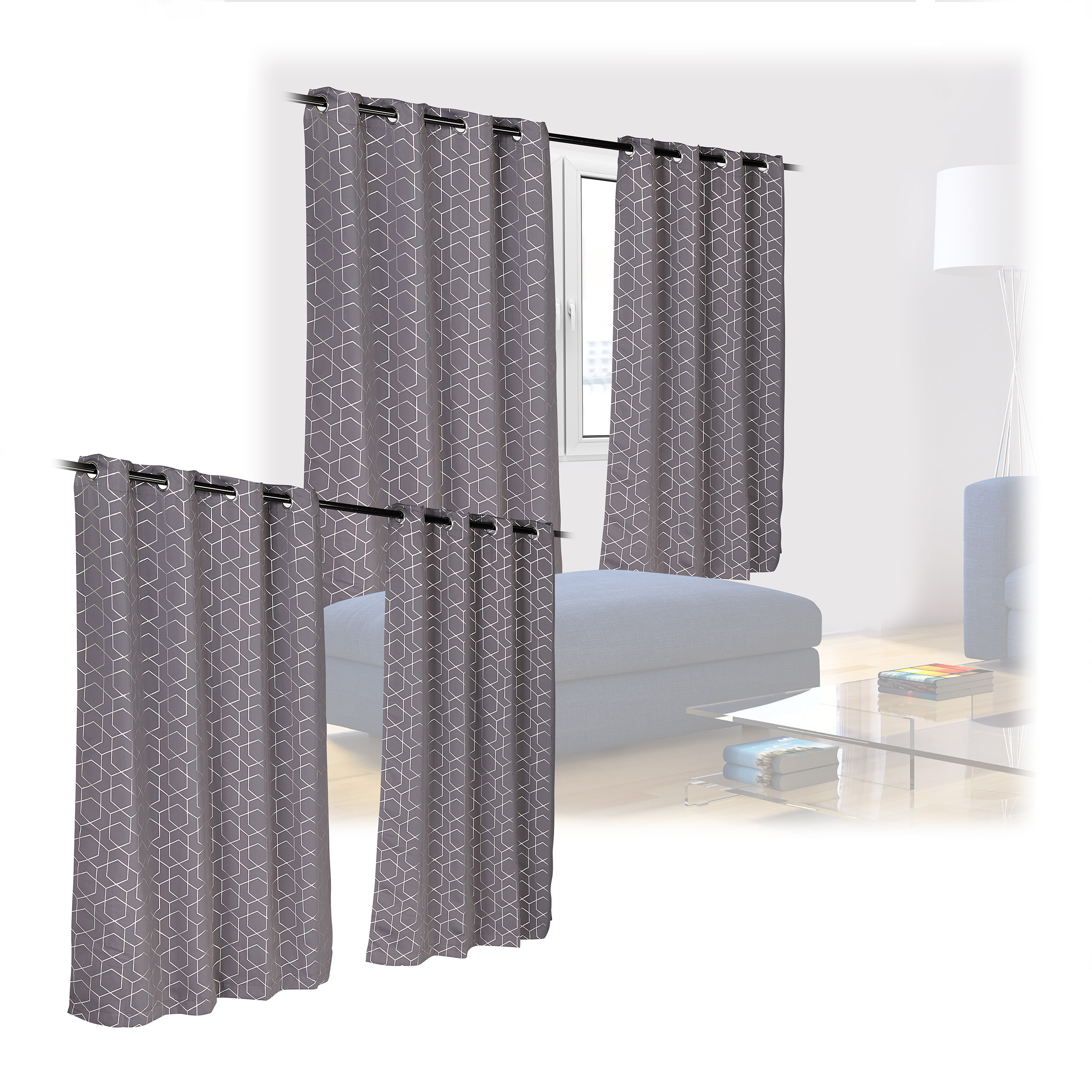 4 cortinas opacas y oscuras con ojales, sobrecortinas antiluz estampadas, 175x135 cm, gris y plateado