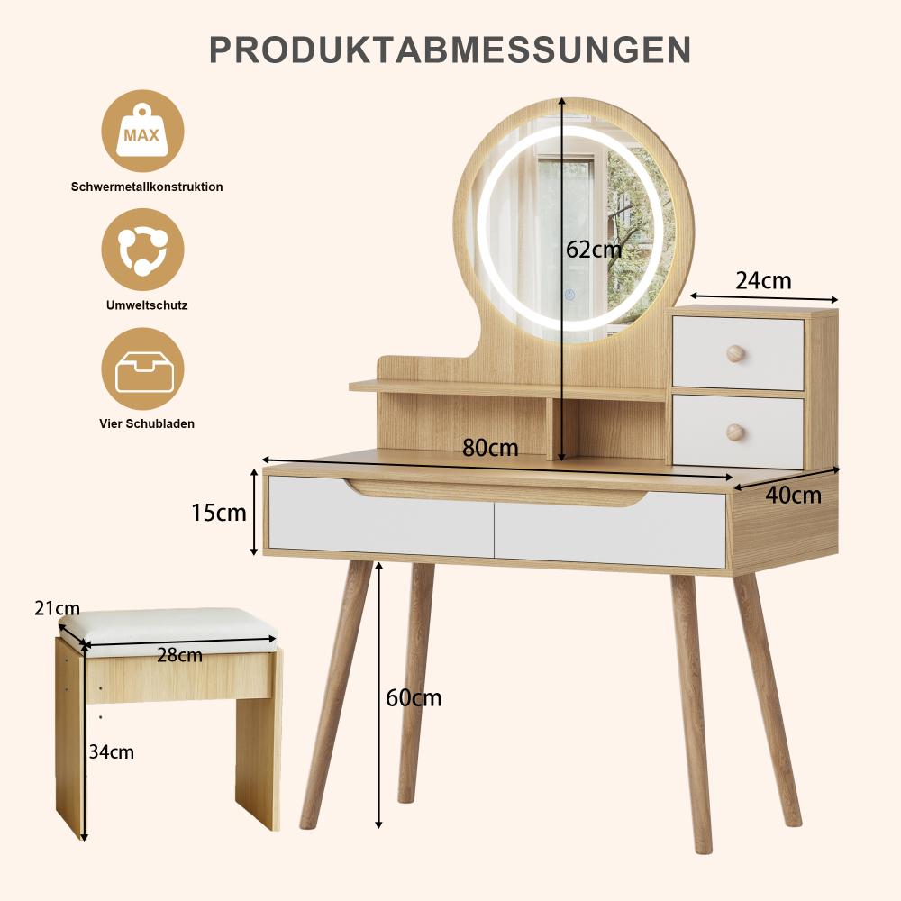 Coiffeuse LED avec miroir, table de maquillage en MDF effet bois, 2 tiroirs et tabouret, 80×40×135 cm - 3