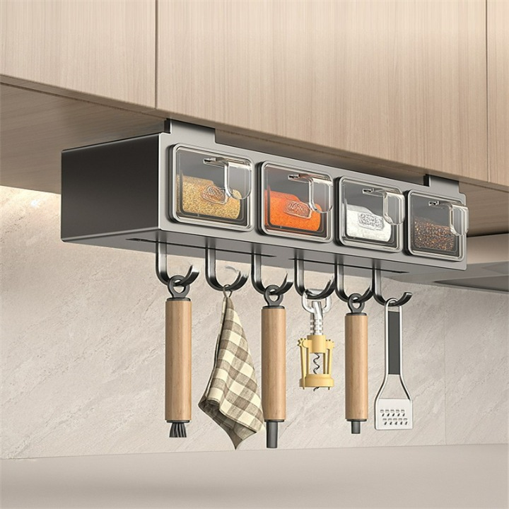 Półka na przyprawy pod szafką kuchenną z 4 słoikami na przyprawy i 6 haczykami, ciemnoszara, 34*9,5*8 cm
