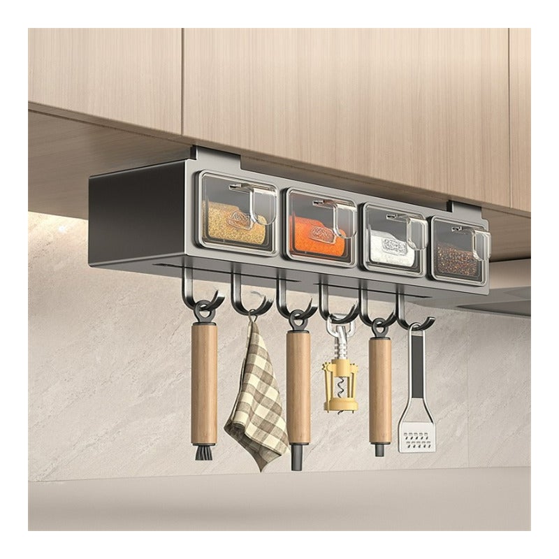 Półka na przyprawy pod szafką kuchenną z 4 słoikami na przyprawy i 6 haczykami, ciemnoszara, 34*9,5*8 cm