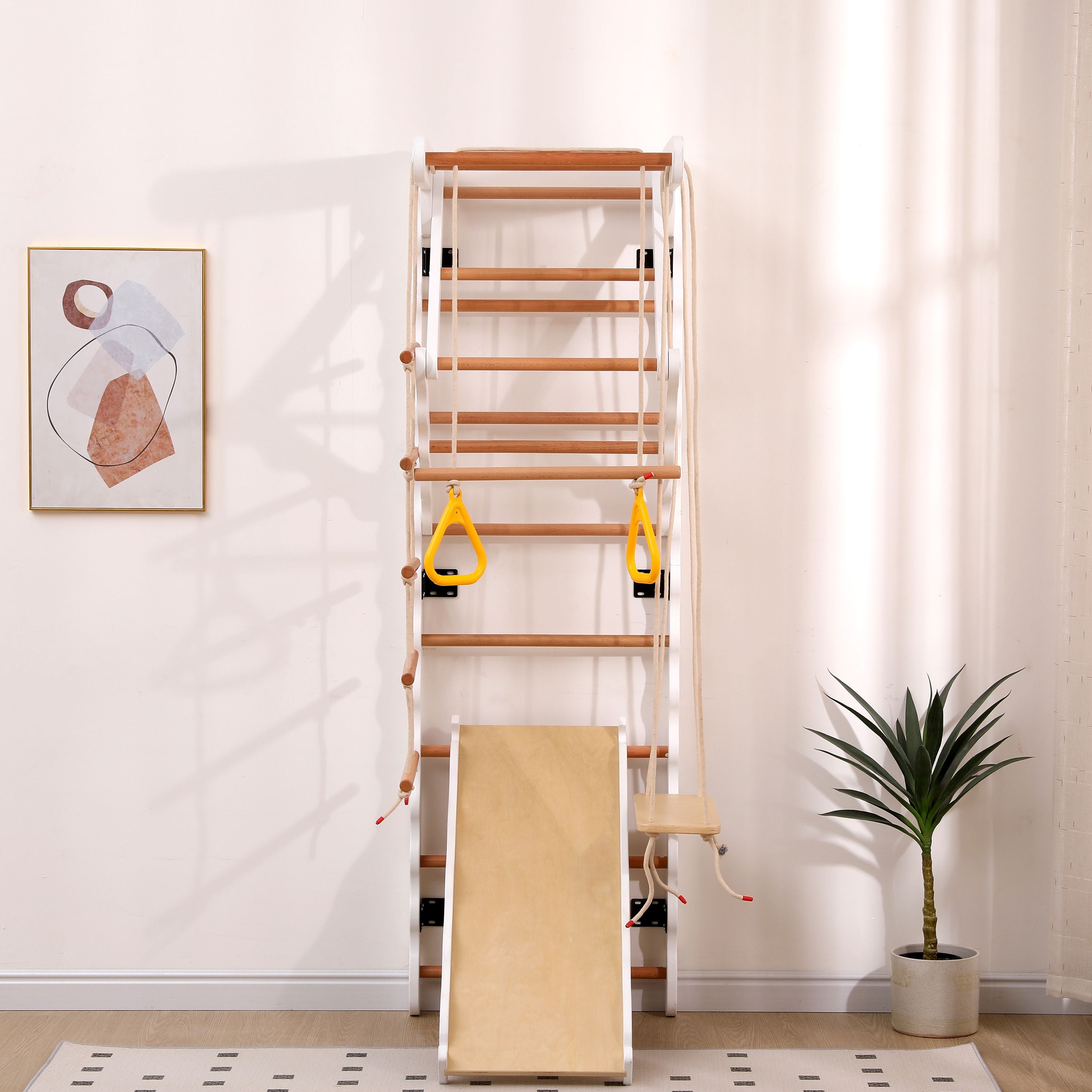 Structure de jeu 6 en 1 - Rutsche, Schaukel, Krabbelleiter, Klettergerüst, Klimmzugsbereich, Ringe - Bois de hêtre - 3