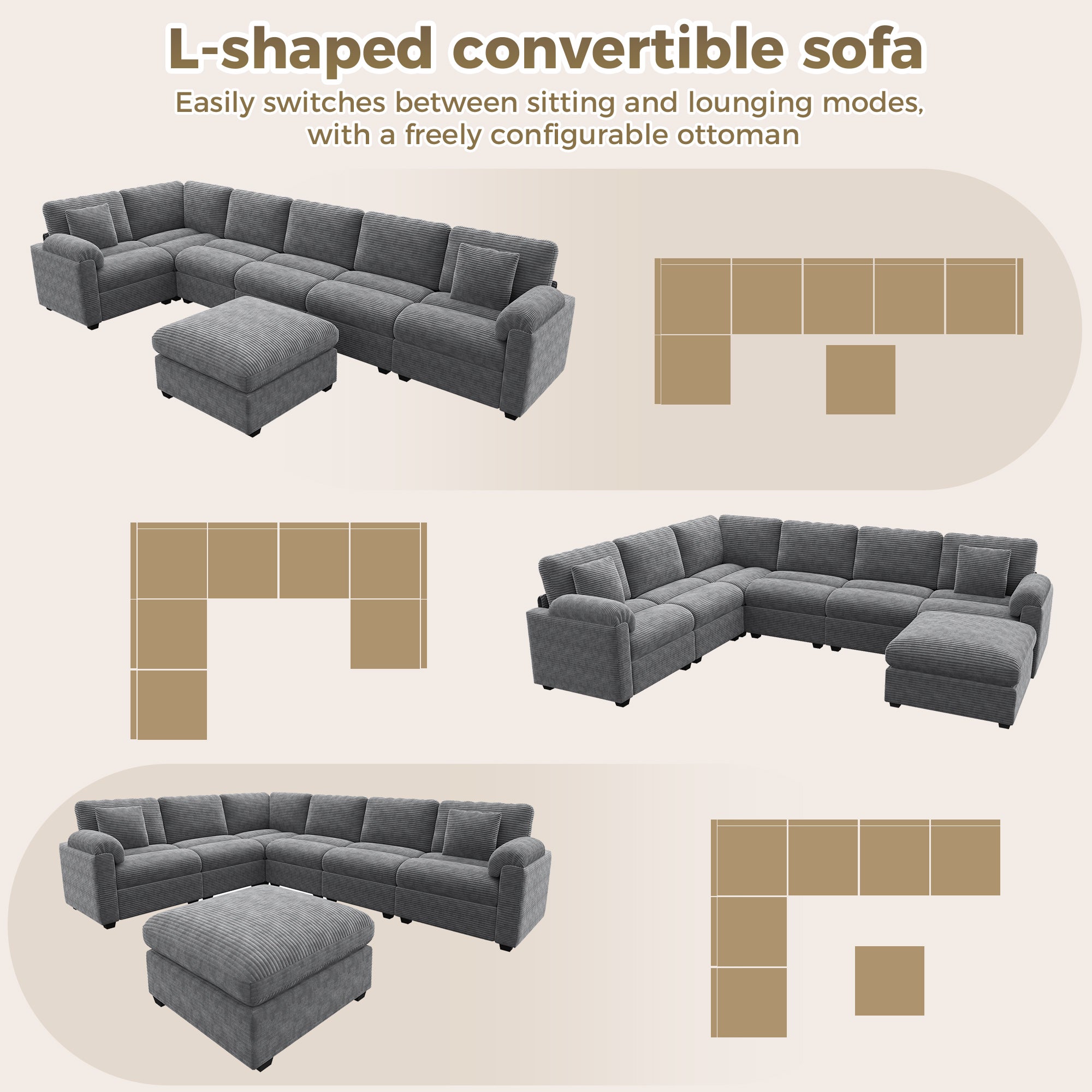 Canapé d’angle modulable 7 places 274,5x210,5x85,5 cm avec pouf + coussins, grand canapé salon, tissu velours côtelé, gris - 6