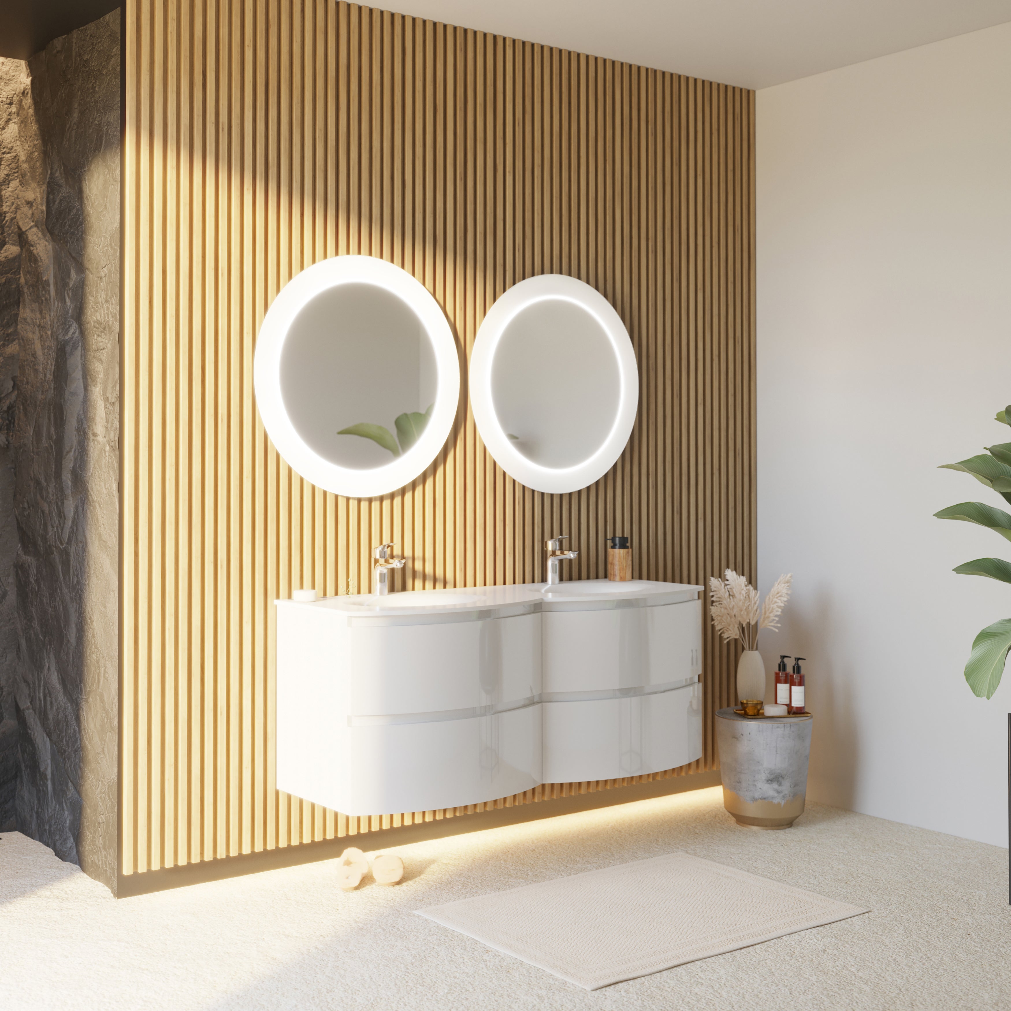 Mueble de baño curvo de pared 140 cm blanco brillo con 2 espejos led | los angeles