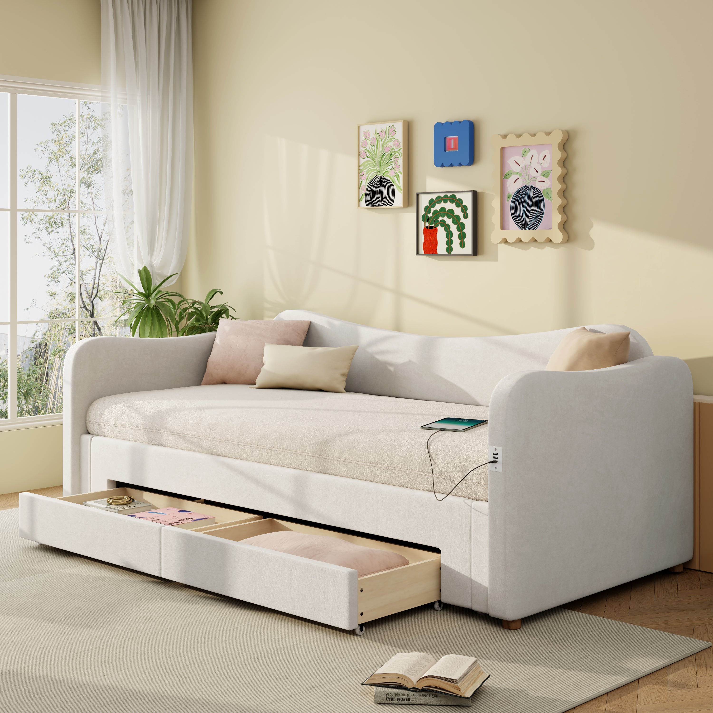 Tapicerowana sofa z łóżkiem 90x200cm - z łóżkiem chowanym - 2 szuflady do przechowywania - Port USB - Tkanina welurowa - Beżowy