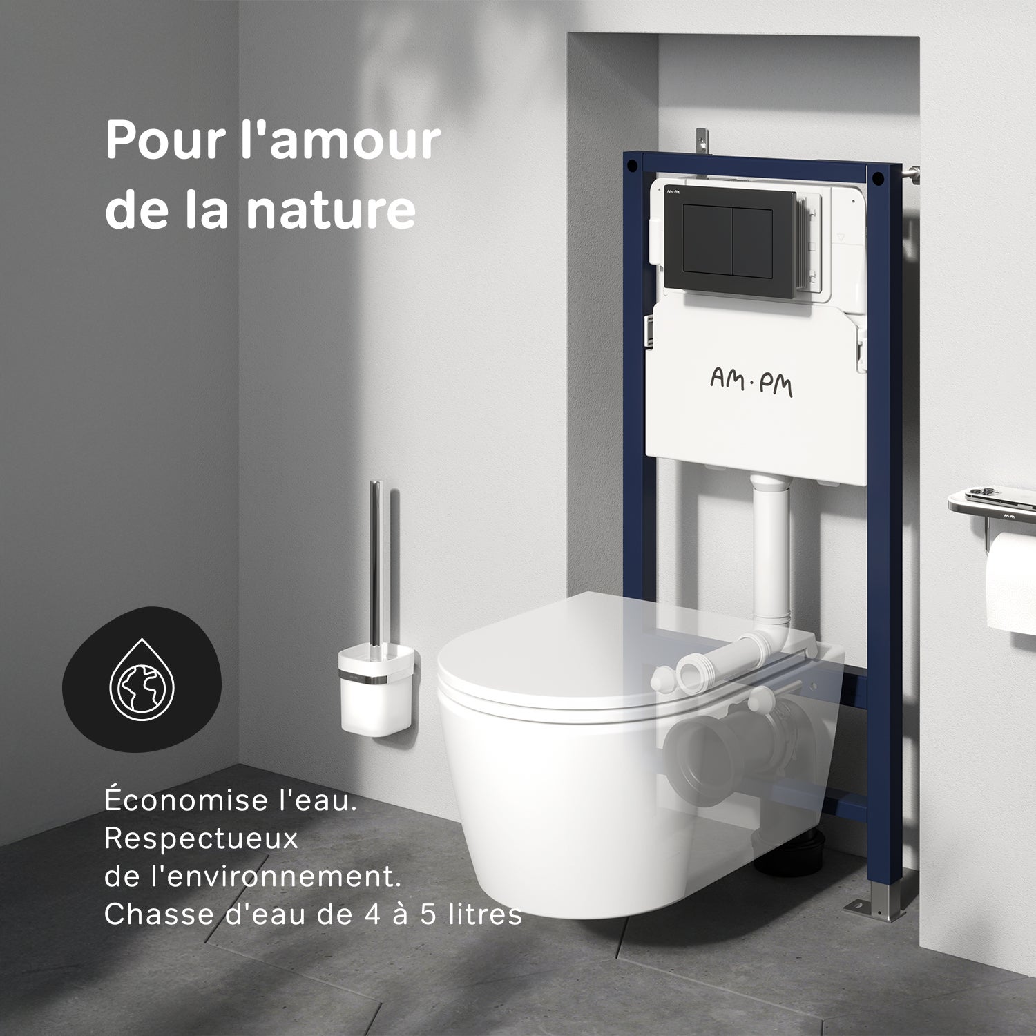 Pack WC suspendu bâti mural et cuvette Plaque Carrée Blanche ,&nbsp;Pack WC Bati-support AM.PM Like - 7