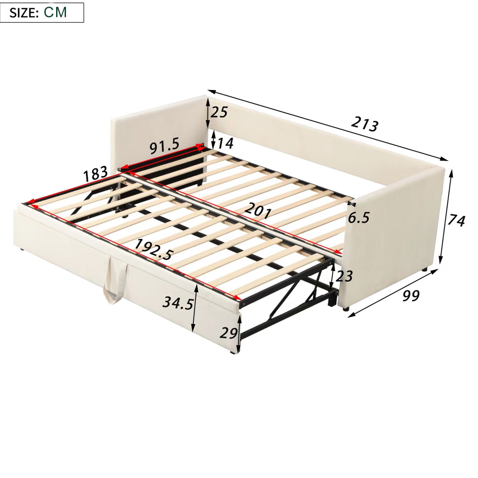 DreamMespace Lit Banquette Extensible 90/180x200 cm - Canapé Lit Gigogne 2 en 1 avec Sommiers, Velours Beige - 5