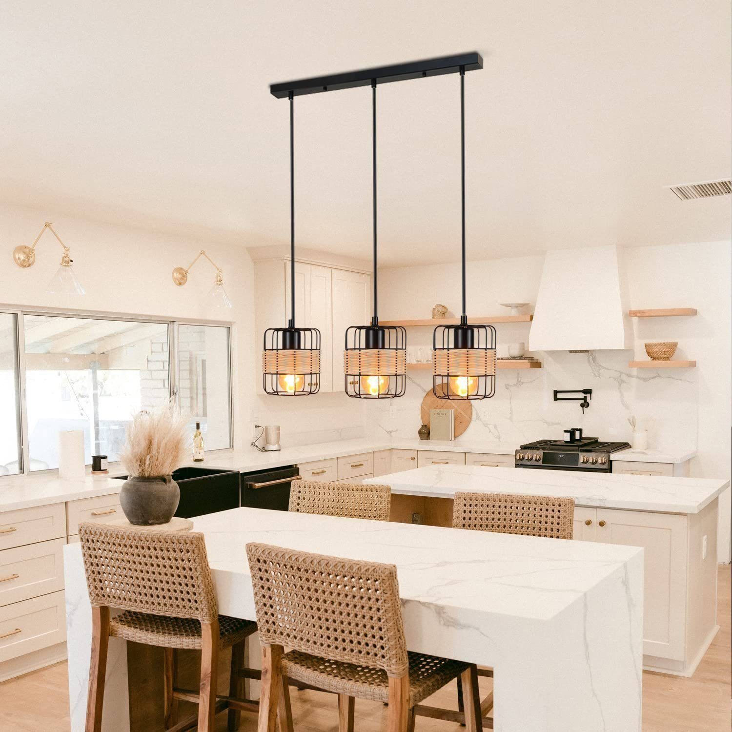 Lampadario Vintage In Legno E Metallo Nero Con 4 Luci E27 - Regolabile Per Soggiorno O Ristorante - Foto 14