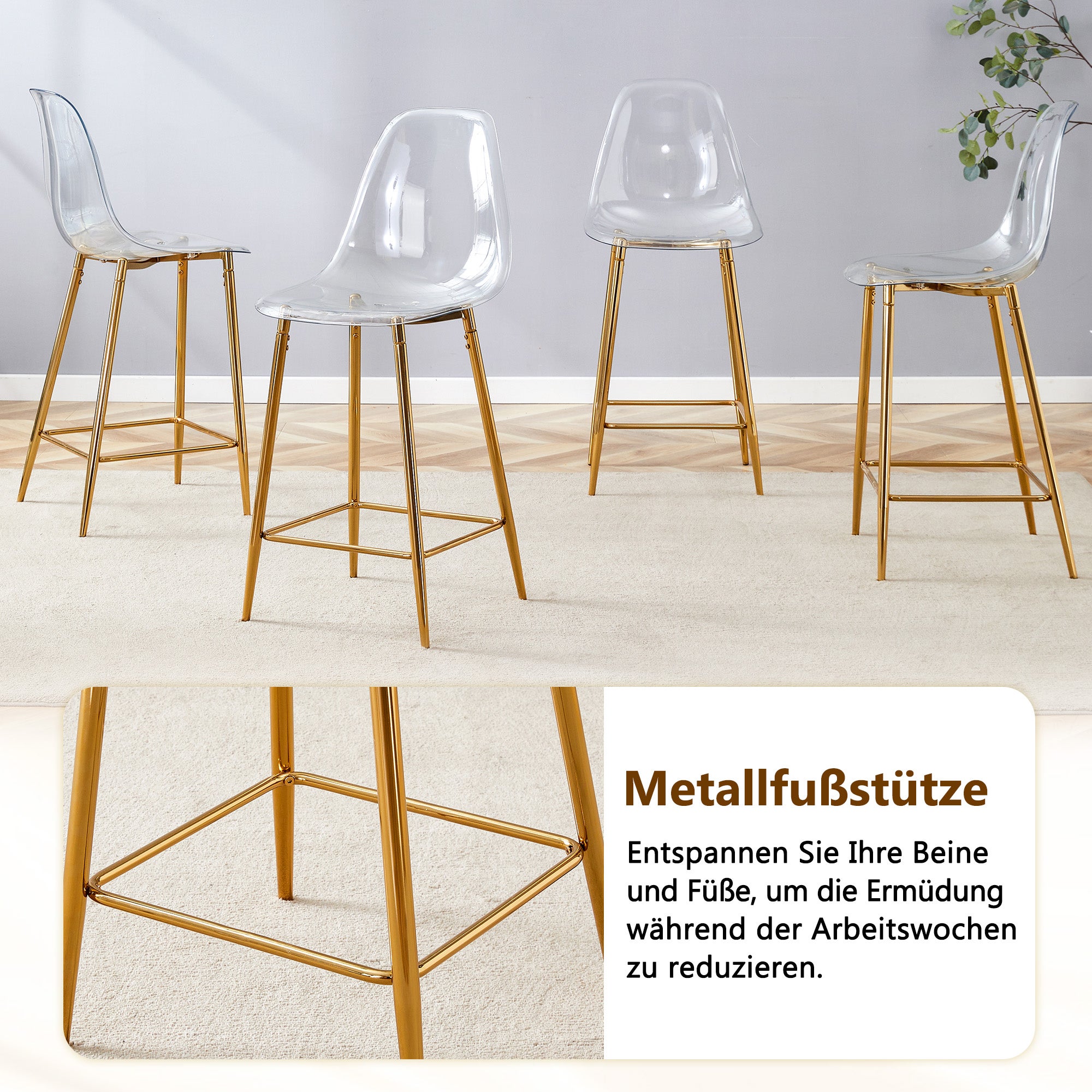 Ensemble de 2 tabourets de bar transparents, structure en métal argenté ...