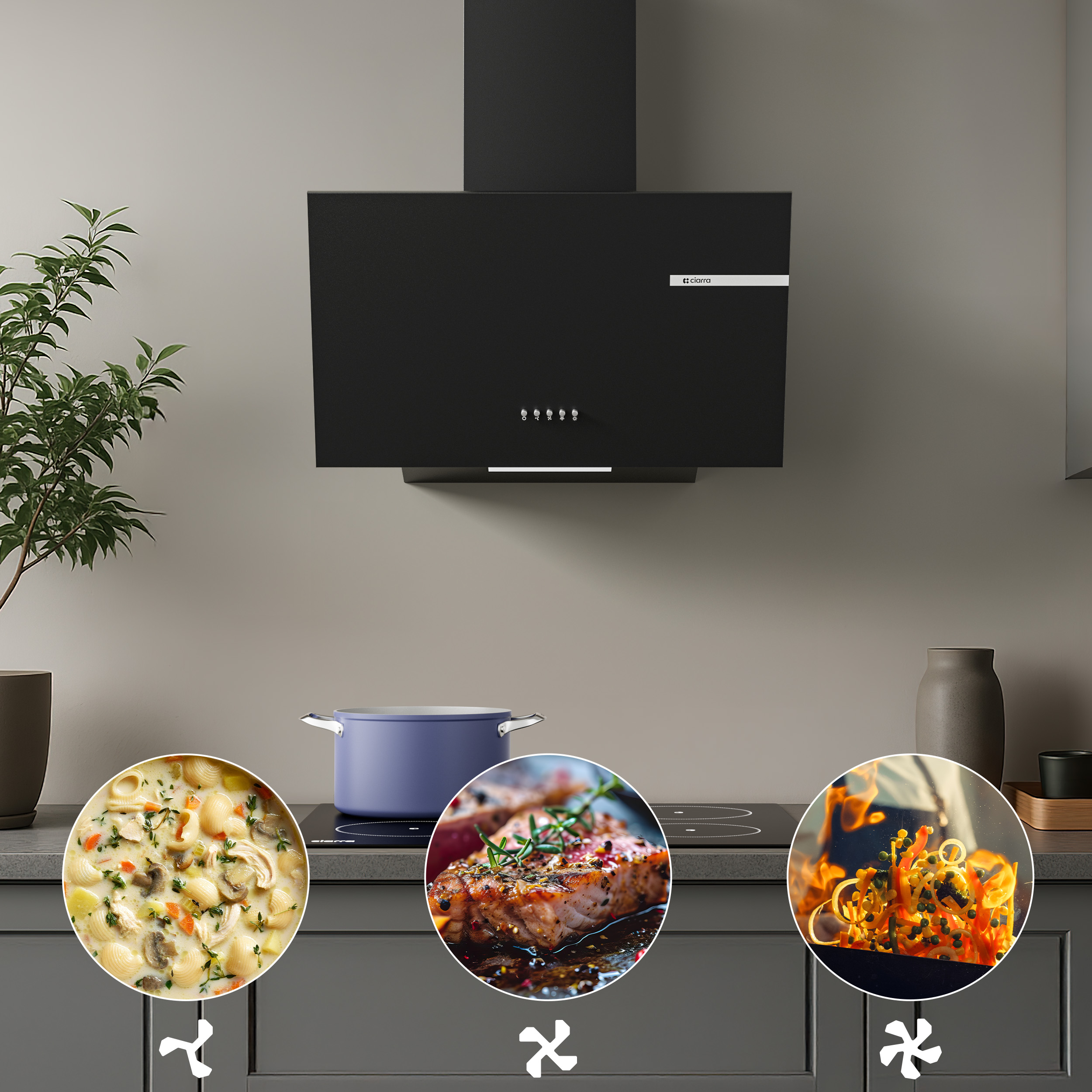 CIARRA Hotte Aspirante Inclinée 60cm 580m³/h Classe A+ 3 Vitesses Recyclage et Évacuation 2 Filtres à charbon Noir CD6765AB - 2