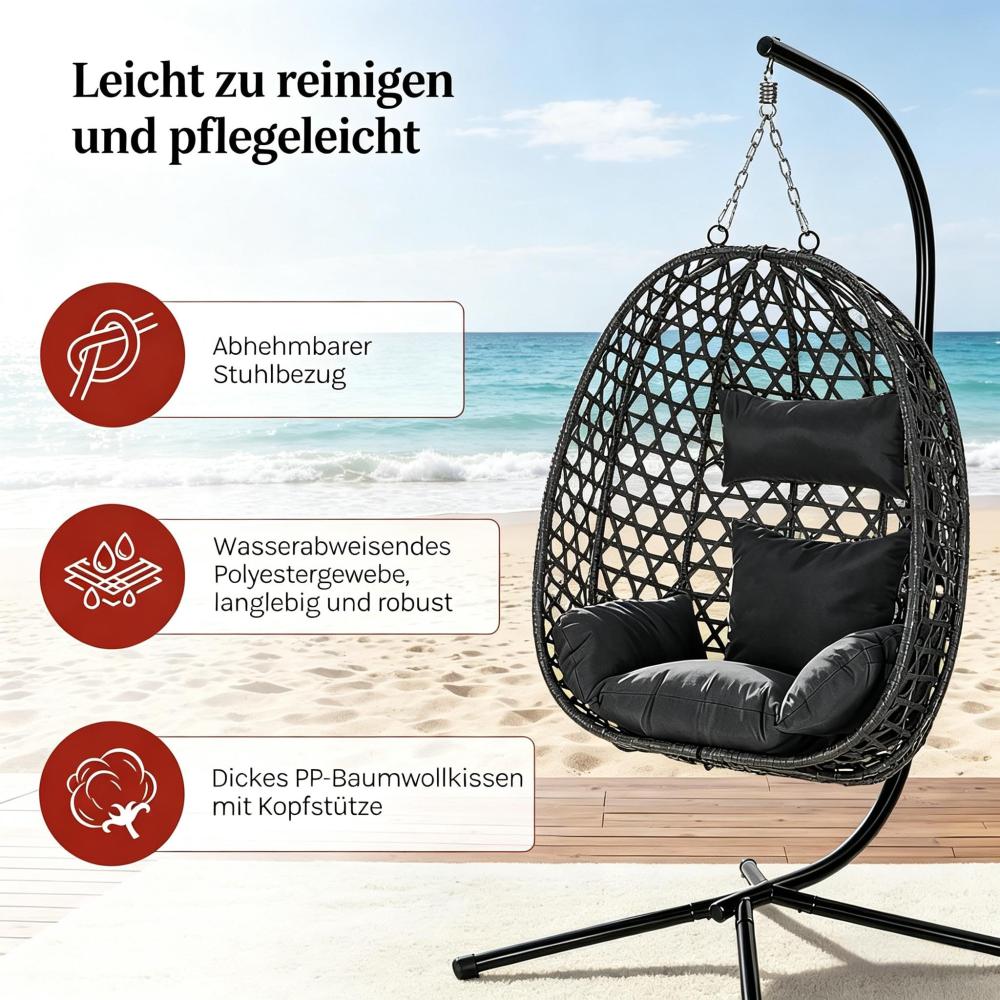 Fauteuil suspendu en rotin, hauteur réglable, chaise œuf moderne anthracite, balançoire intérieur extérieur, structure métal robuste - 7