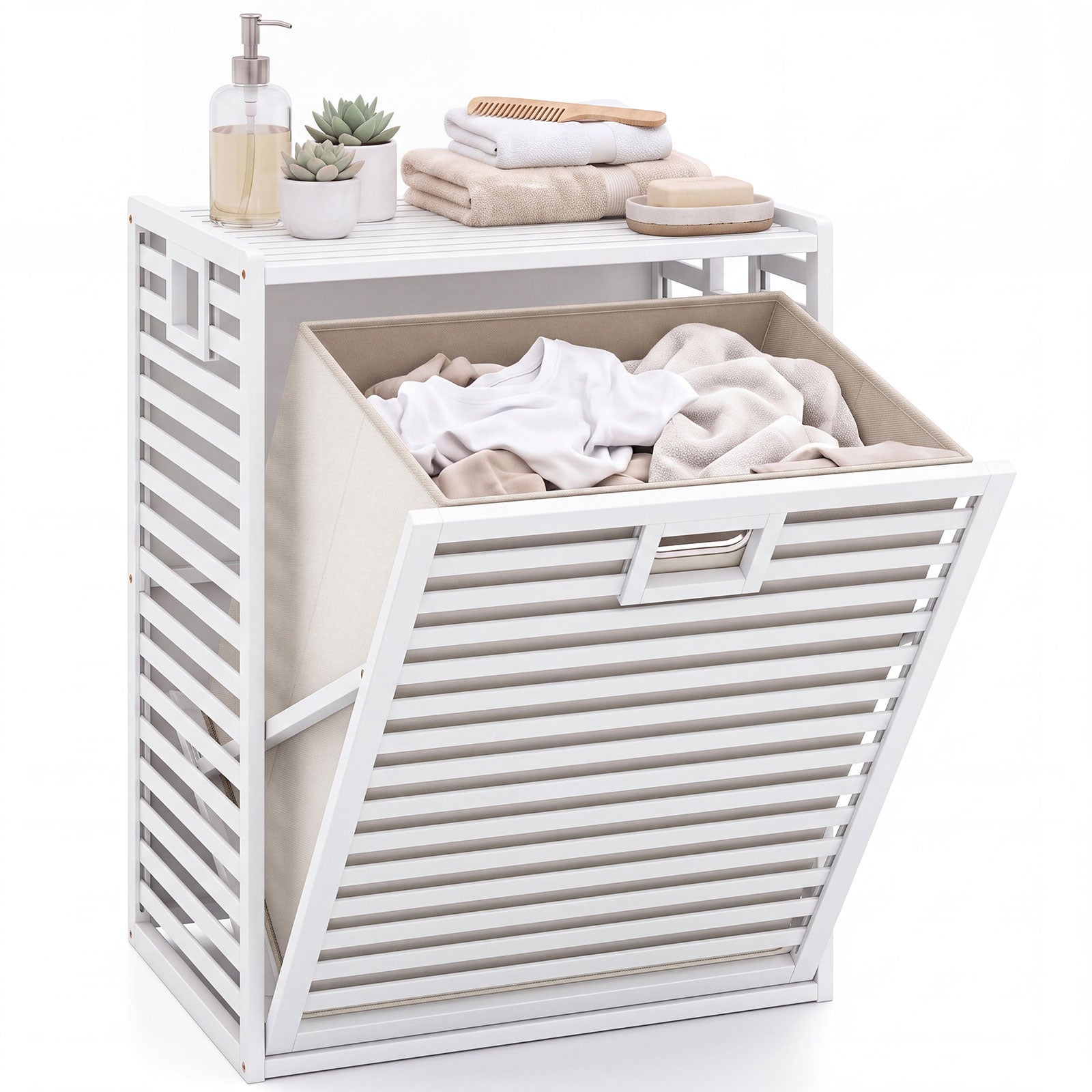 Coș de rufe din bambus natural cu sac detașabil de 68L, raft superior practic, mânere laterale și orificii de aerisire,organizator multifuncțional,alb 68000ml