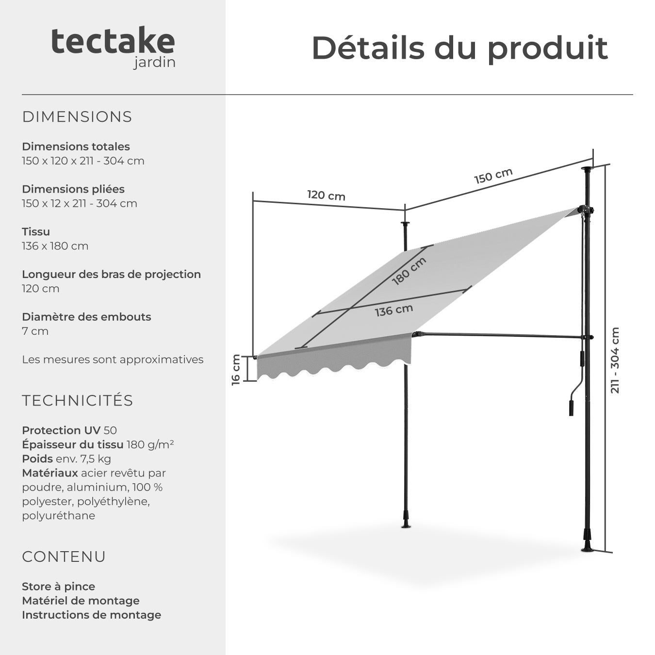 TECTAKE Toldo dobrável para varanda Sistema de fixação por manivela de funcionamento suave, podendo ser montado à direita ou à esquerda - 6