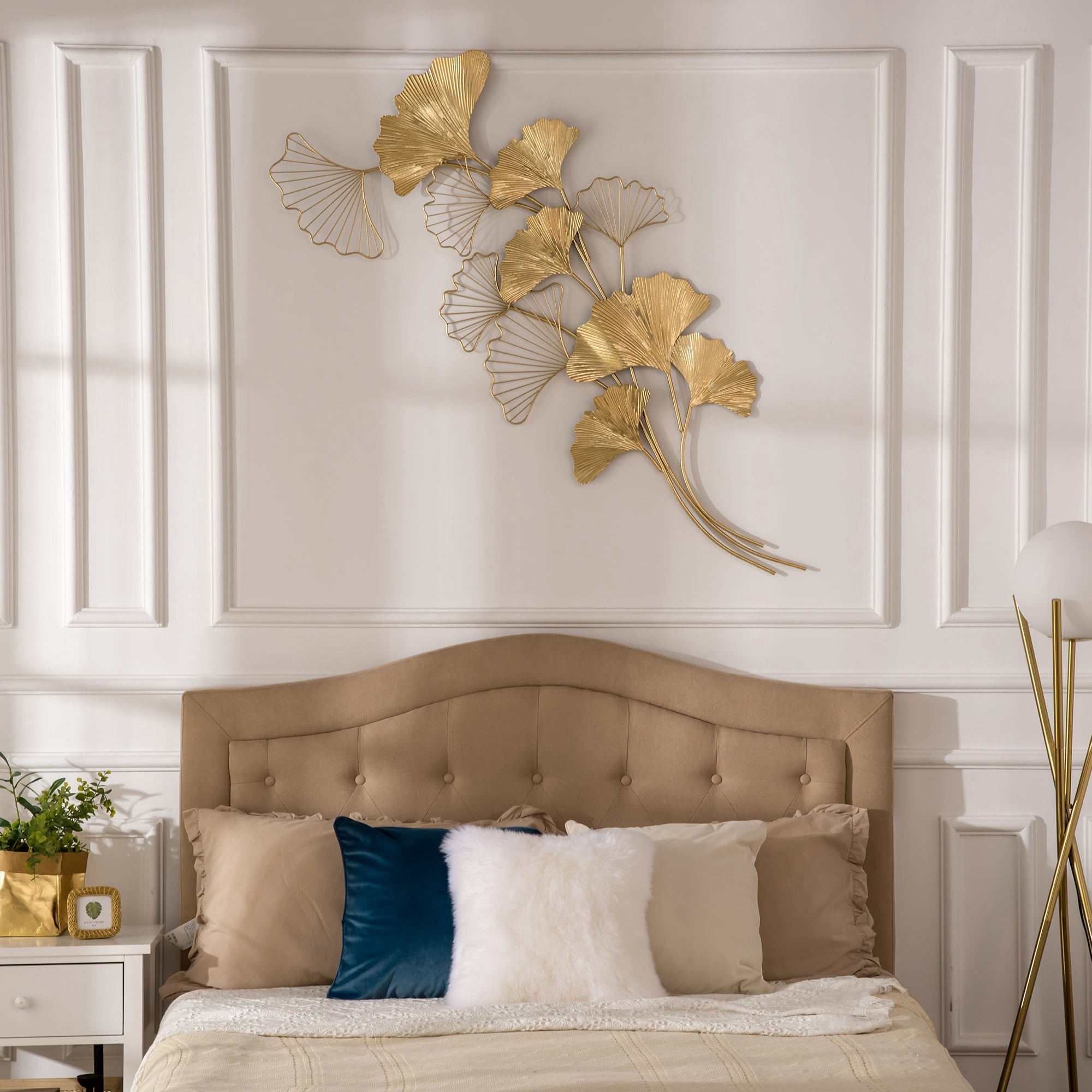 HOMCOM Decorazione Murale 3D in Metallo, Wall Art Dorata con Foglie di Ginkgo 138x70cm - 2