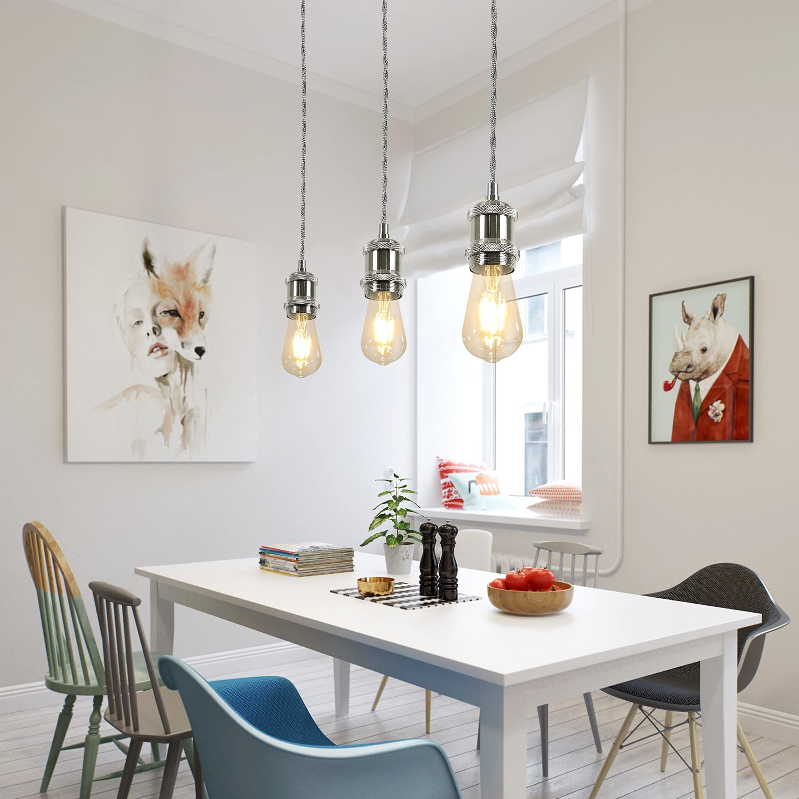 ZMH Srebrna lampa wisząca z aluminium, średnica 10 cm, kabel E27 1,3 m, abażur w stylu industrialnym do salonu