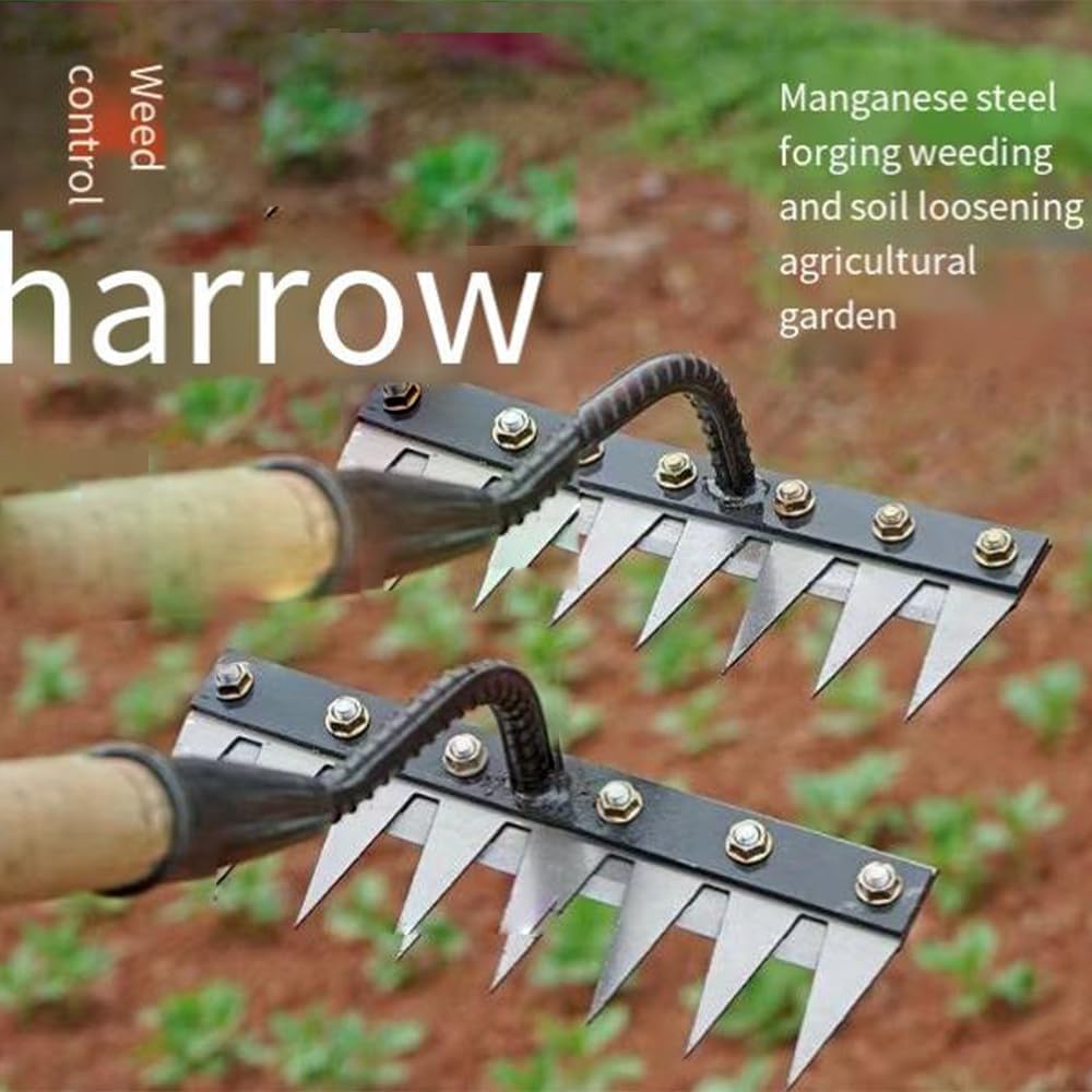 Rateau De Désherbage 7 Dents Acier Carbone - Outil Jardin Multifonction Avec Manche