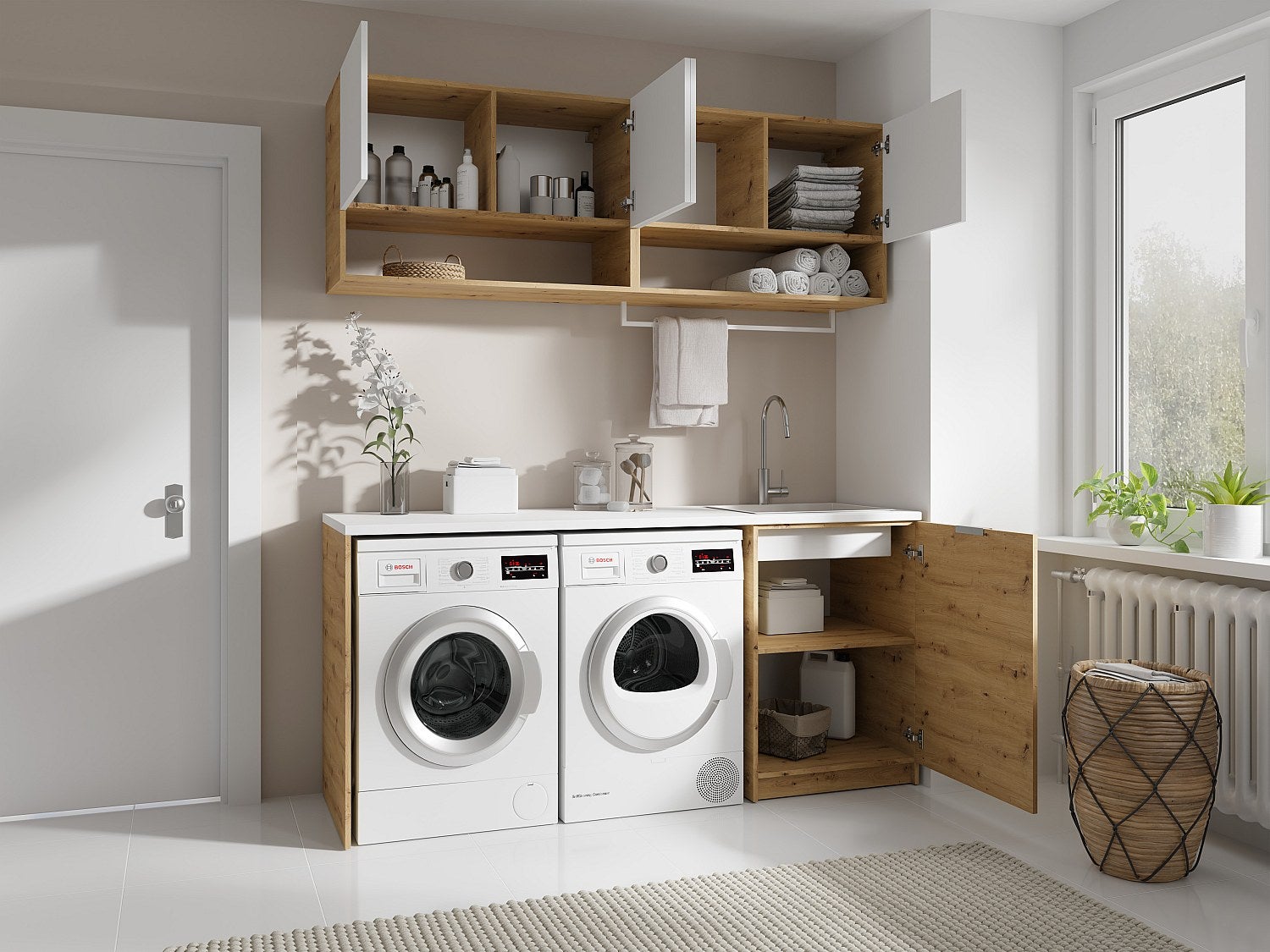 Muebles para el cuarto de la lavadora con encimera - 182 cm de ancho - blanco y natural claro - NATAJI - 7