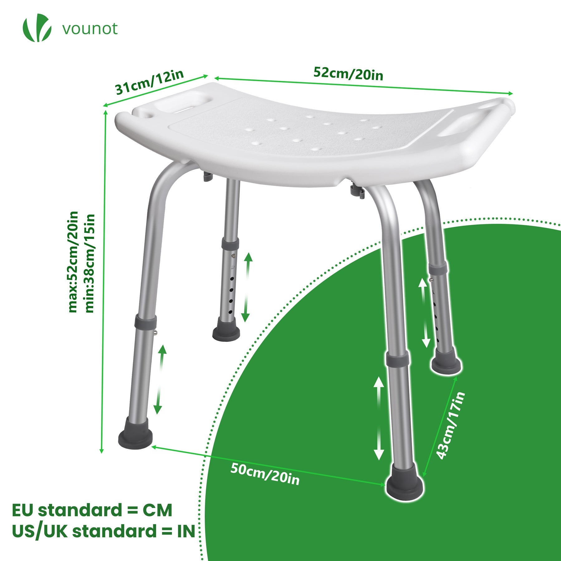 VOUNOT® Taburete de Ducha Altura Regulable 38-52 cm, Blanco - 3