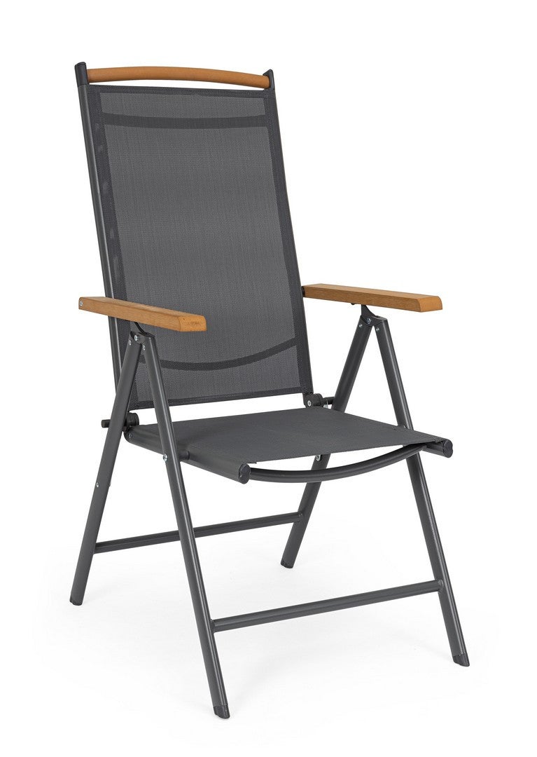 Zestaw 4 krzeseł aluminiowych i tekstylnych z wkładkami z drewna tekowego, z 7-stopniową regulacją odchylenia, kolor antracytowy