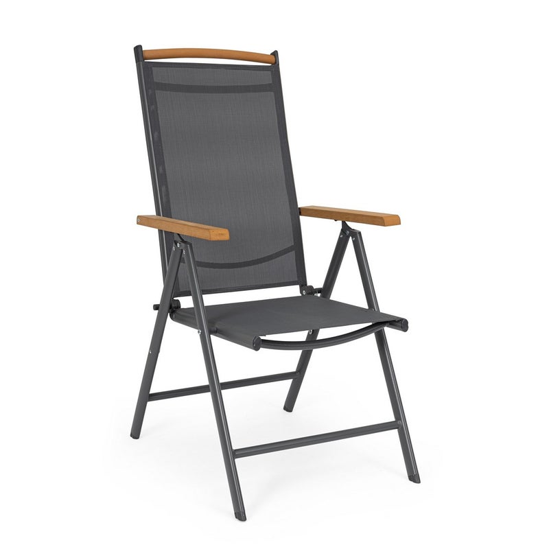 Zestaw 4 krzeseł aluminiowych i tekstylnych z wkładkami z drewna tekowego, z 7-stopniową regulacją odchylenia, kolor antracytowy