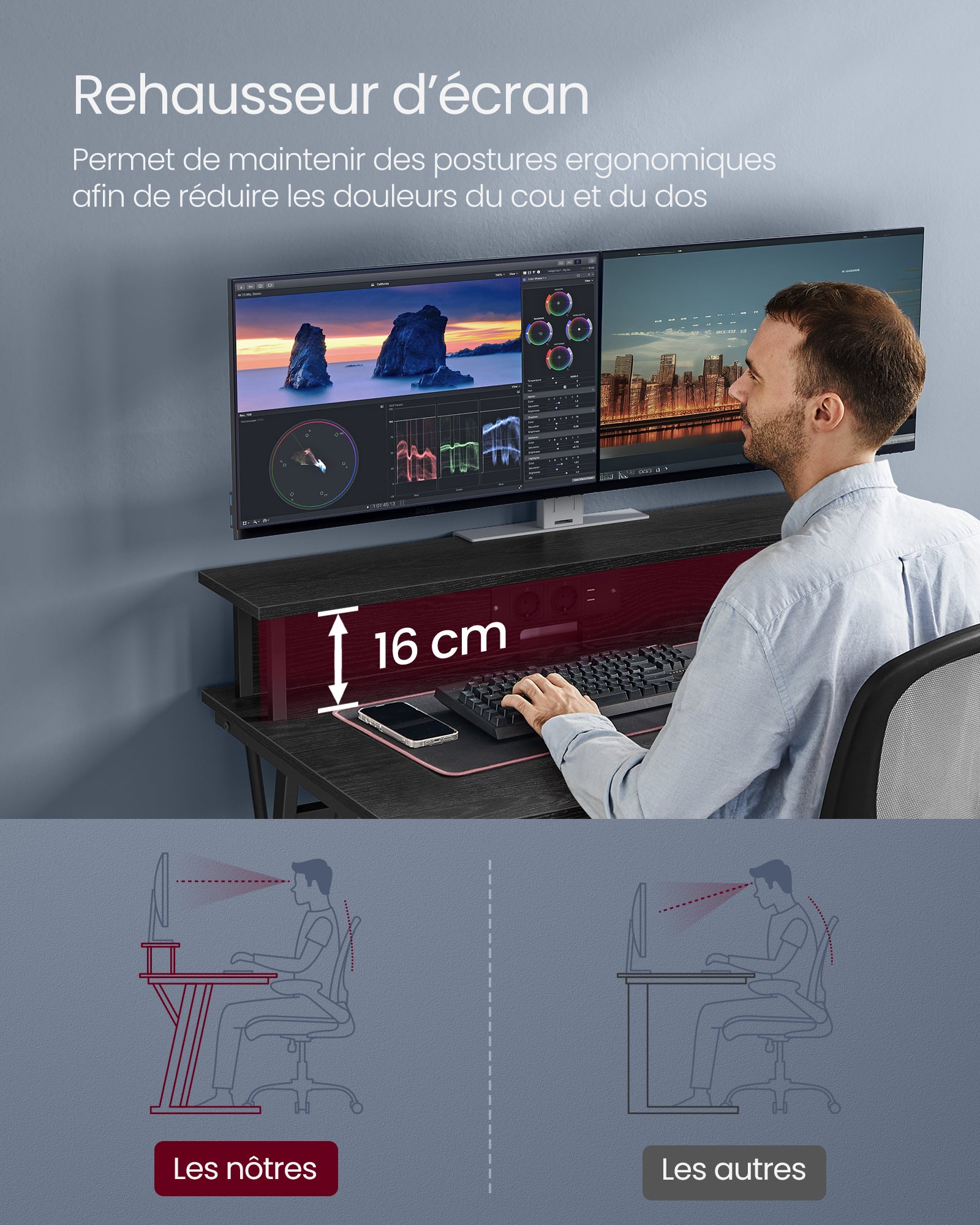 Bureau Gaming avec LED et Multiprise, Bureau Informatique avec Rehausseur d’Écran, 60 x 100 x 76 cm, Noir Boisé - 4