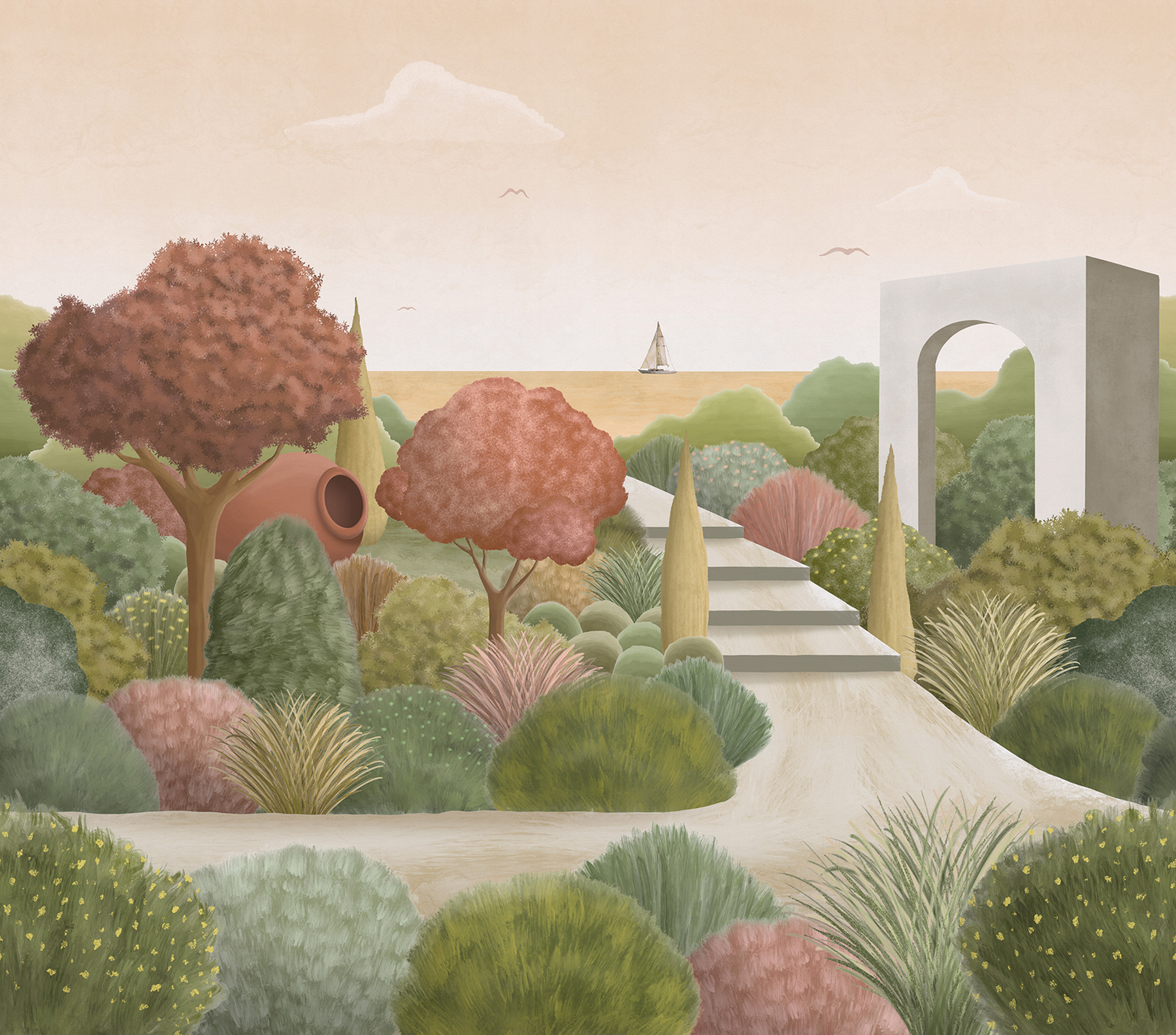 Fotomural paisaje verde y rojo barro cocido - 318 x 280 cm - sanders & sanders