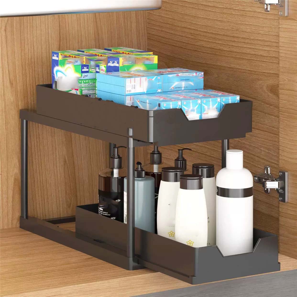 Organisateur sous-évier 2 niveaux coulissant blanc plastique durable, rack H avec roulettes, rangement cuisine salle de bain, épices, ustensiles - 7
