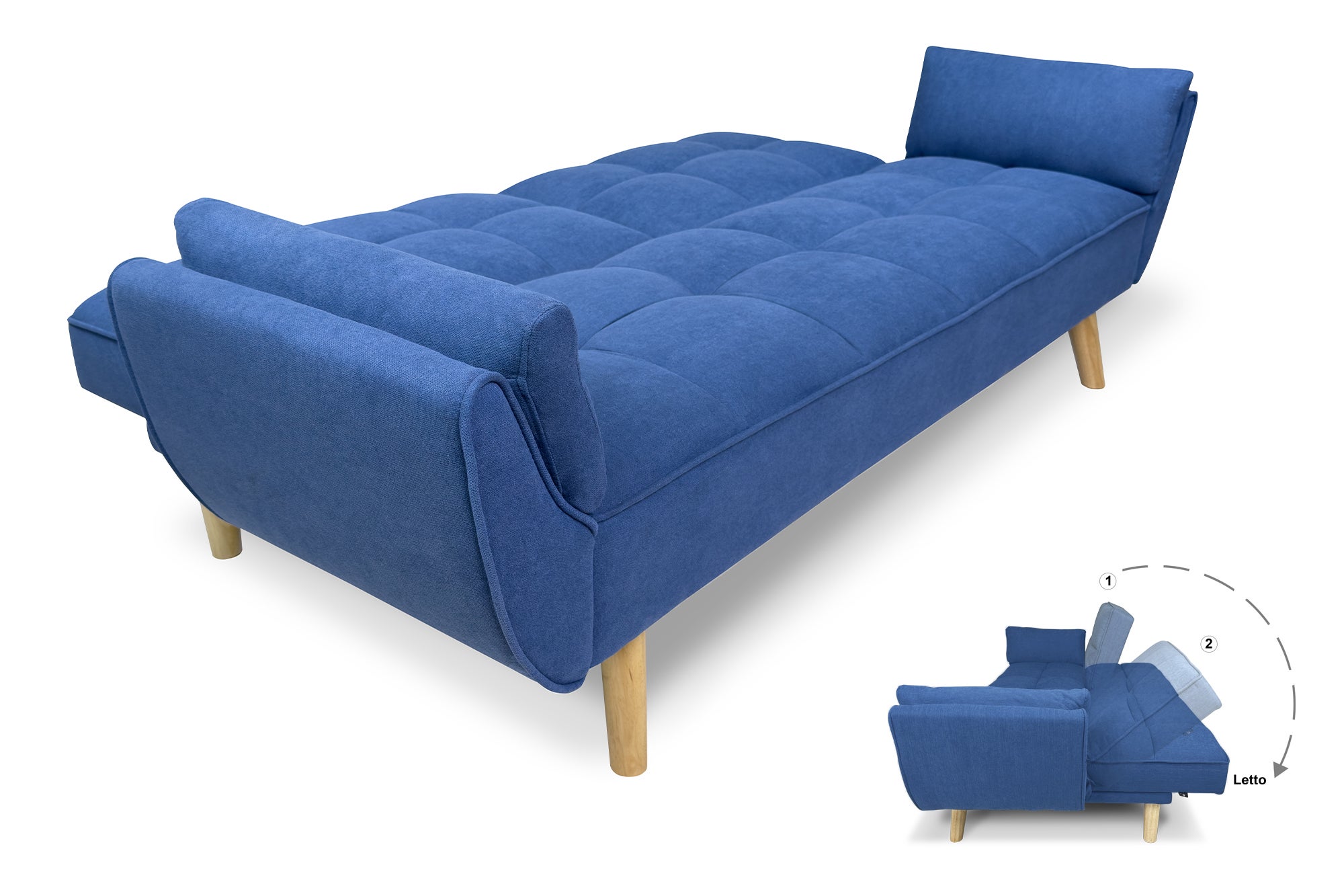 Divano letto clic clac in tessuto vellutato blu - Ambra piede naturale - 4