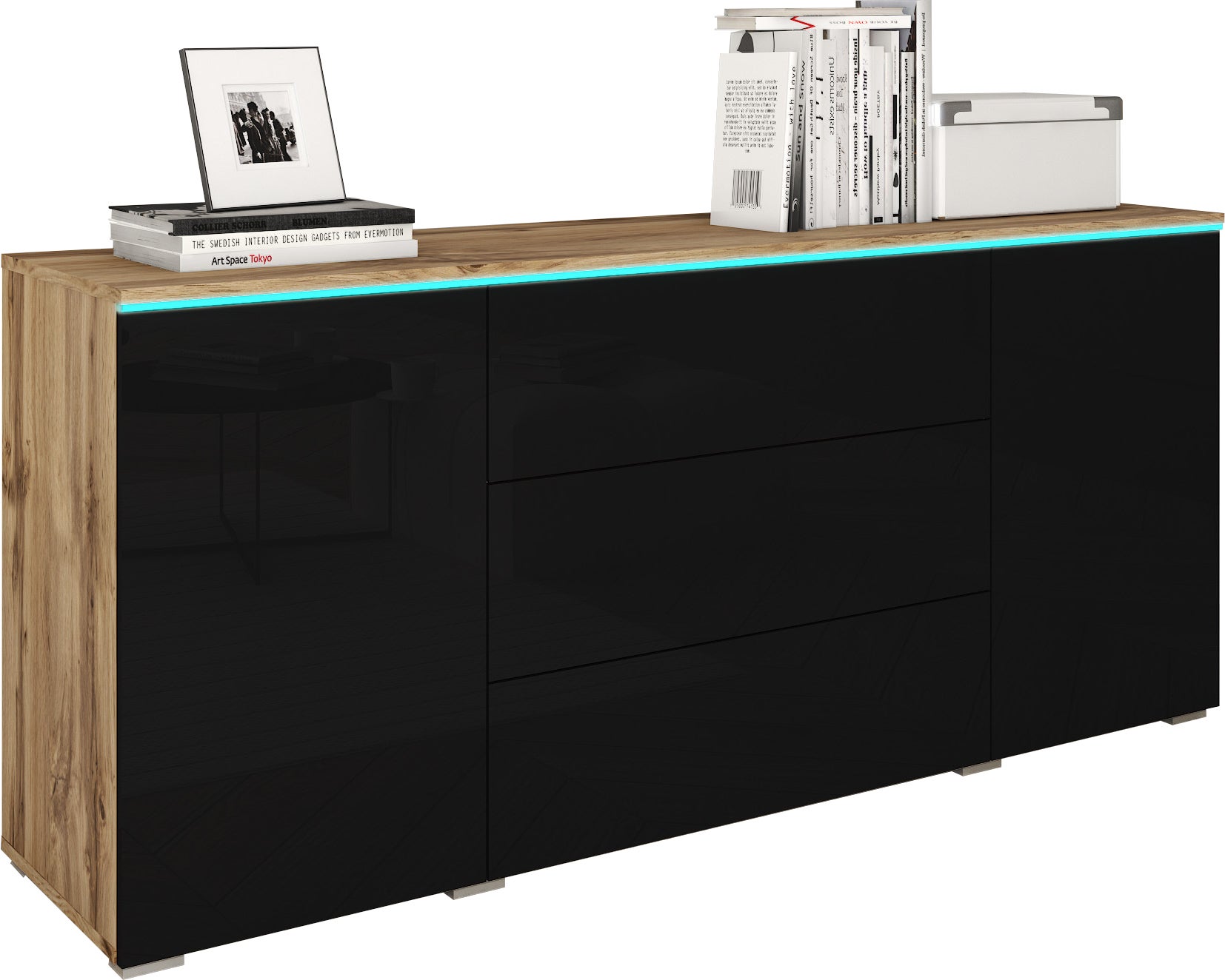 Komoda VEVE 150 cm w kolorze dąb wotan/czarny połysk .