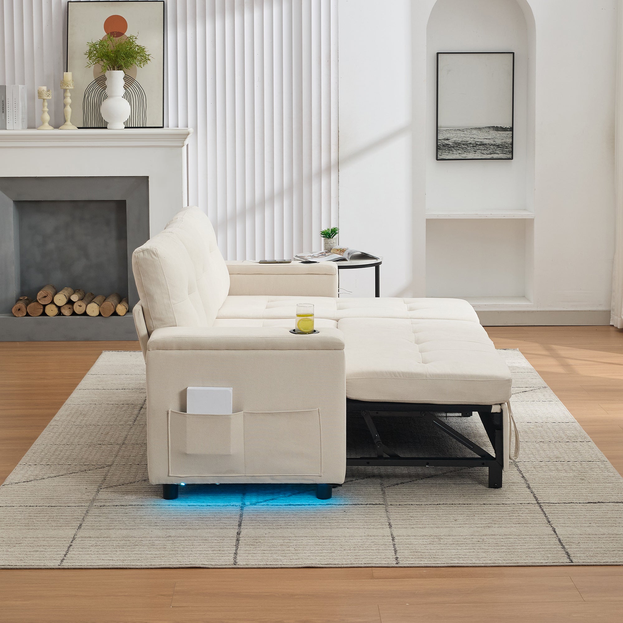 Sofa narożna 3-osobowa z funkcją spania - 208 x 146 x 89,5 cm - Diody LED i gniazdo ładowania - Wyściółka z włókniny i pianki - Beżowa - 6