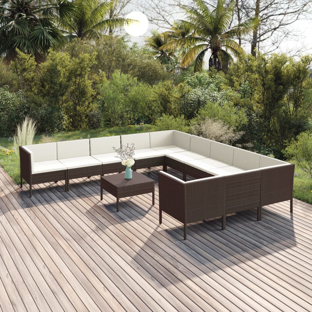 Set muebles de jardín 12 pzas y cojines ratán sintético marrón Leroy