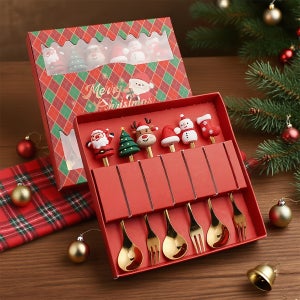 Set 6 Posate Natalizie: 3 Cucchiaini E 3 Forchette In Acciaio Inox Con Pendenti, Confezione Regalo, 14,8 Cm