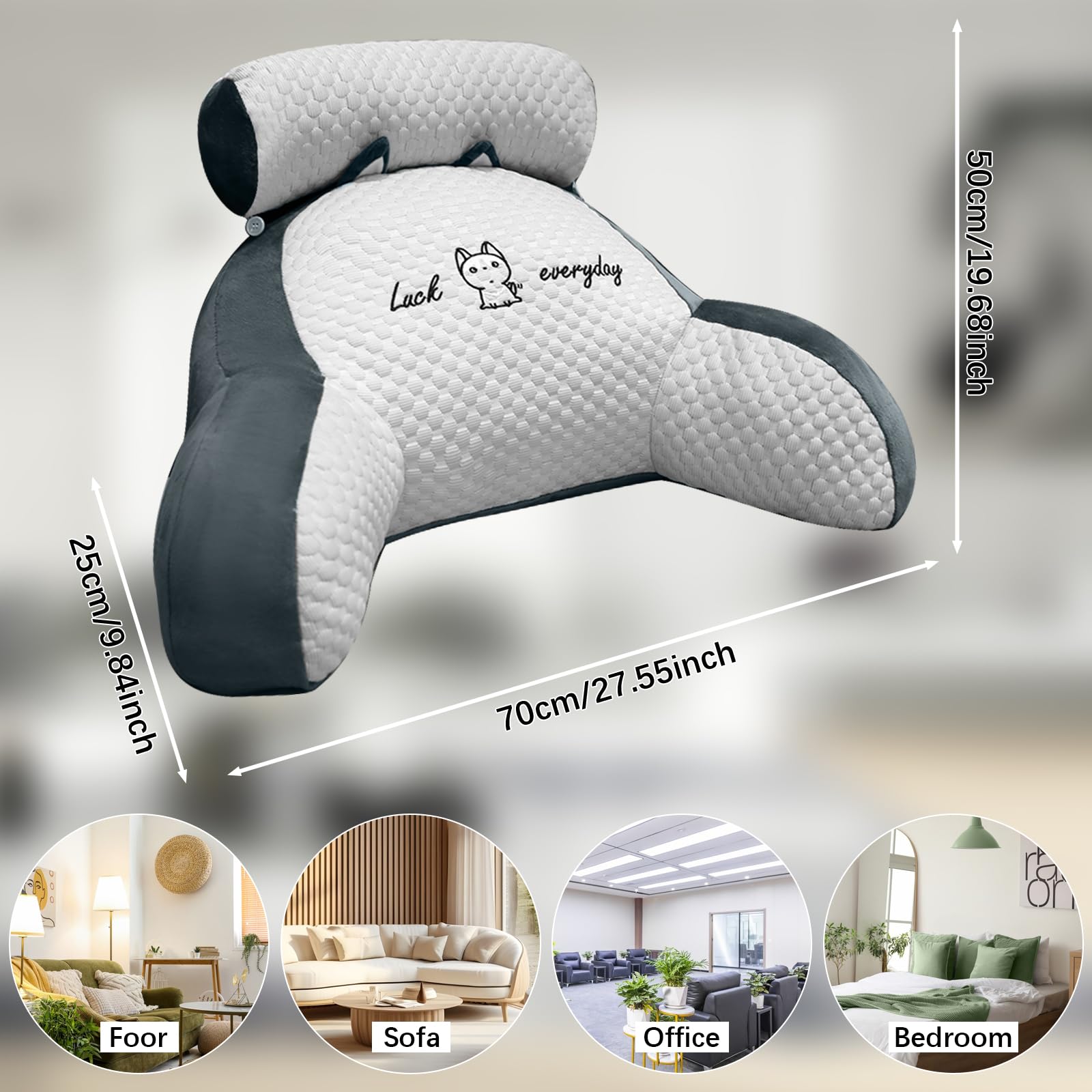 Coussin de lecture, 70 x 50 cm Coussin de dossier Canapé, Coussin de lecture Lit adulte avec support de cou/bras, Gris et blanc - 2