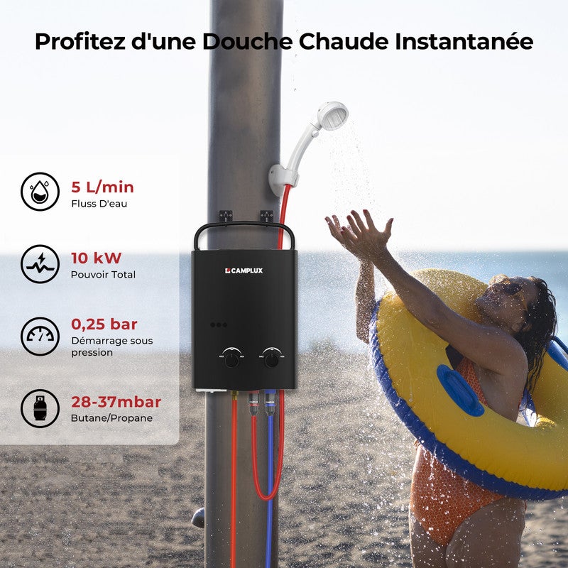 CAMPLUX AY132B Chauffe-eau à Gaz portables de 5L/min 10kW, Chauffe-eau instantanés au gaz propane/butane 30/37mbar Noir - 2