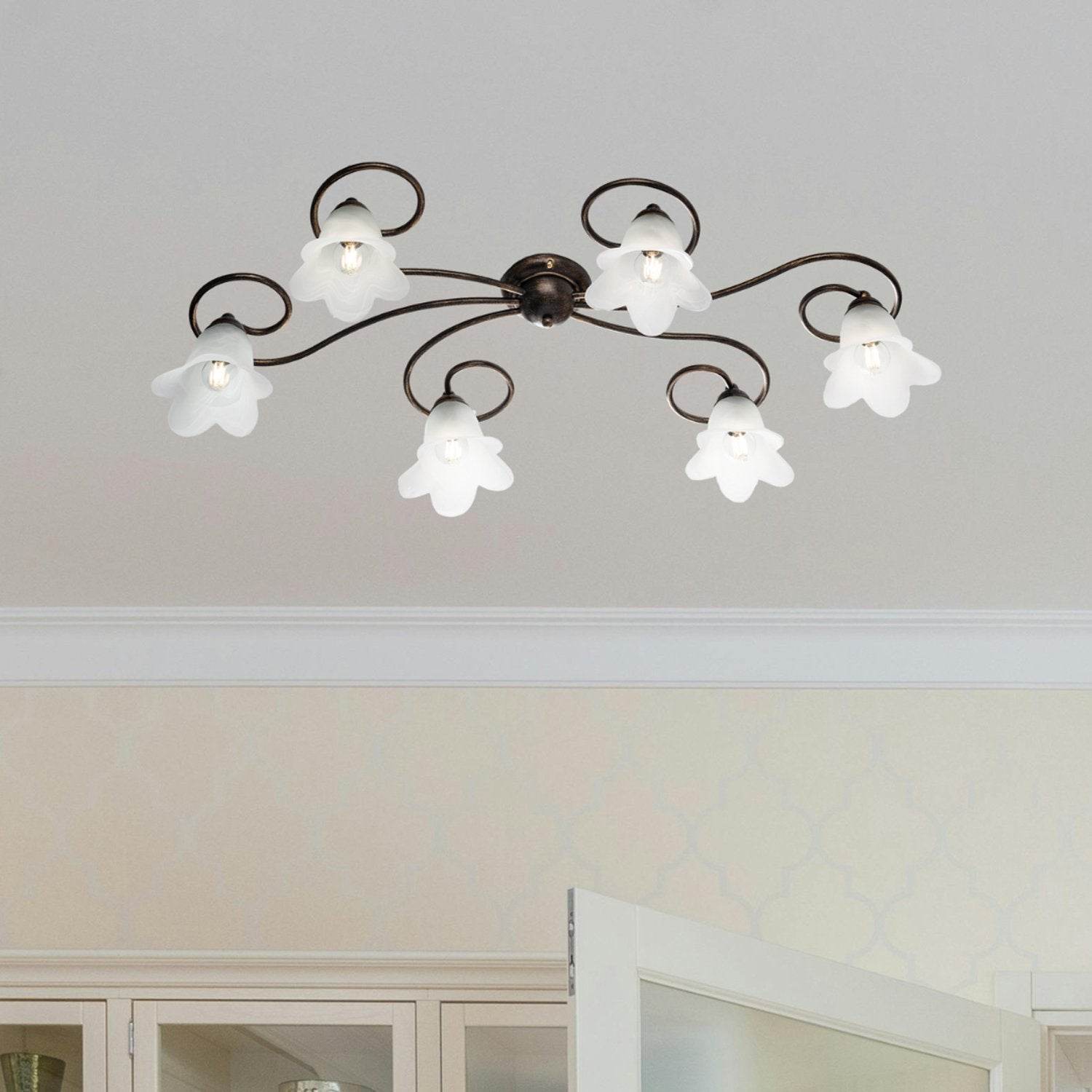 Plafonnier Alice fer marron, déco or antique, verre albâtre d.14, 6 lumières 99x50 cm, finition chaleureuse - 3