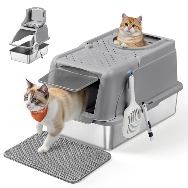 Bac à Litière pour Chat, en Acier Inoxydable, Grande Taille, Design Étanche, Pelle, Brosse, Double Entrée, pour Chats Jusqu'à 15 kg, Gris Tourterelle
