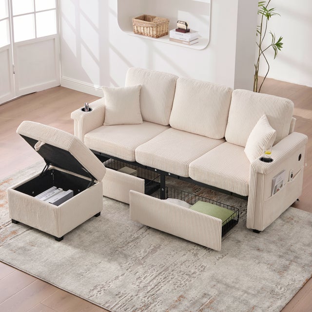 Canapé velours premium beige - Éclairage LED + port USB-C - Repose-pieds rangement + porte-gobelets - Salon/bureau