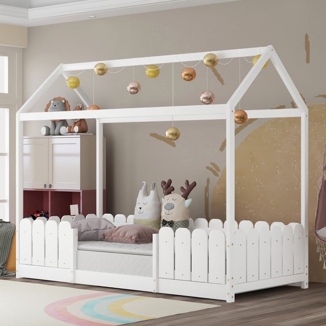 Lit cabane Lit d'enfant Parc en bois multifonctionnel pour garçons et filles - avec protection contre les chutes Blanc (sans matelas) 90x200 cm