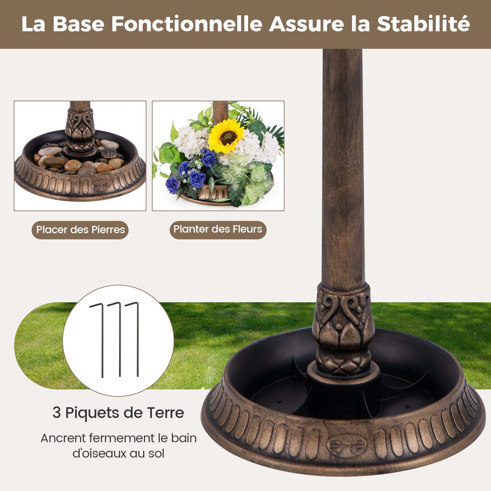 Banheira para pássaros 3 em 1 com energia solar, decoração exterior com suporte retroiluminado com lâmpada, bebedouro leve para pássaros para jardim, - 7