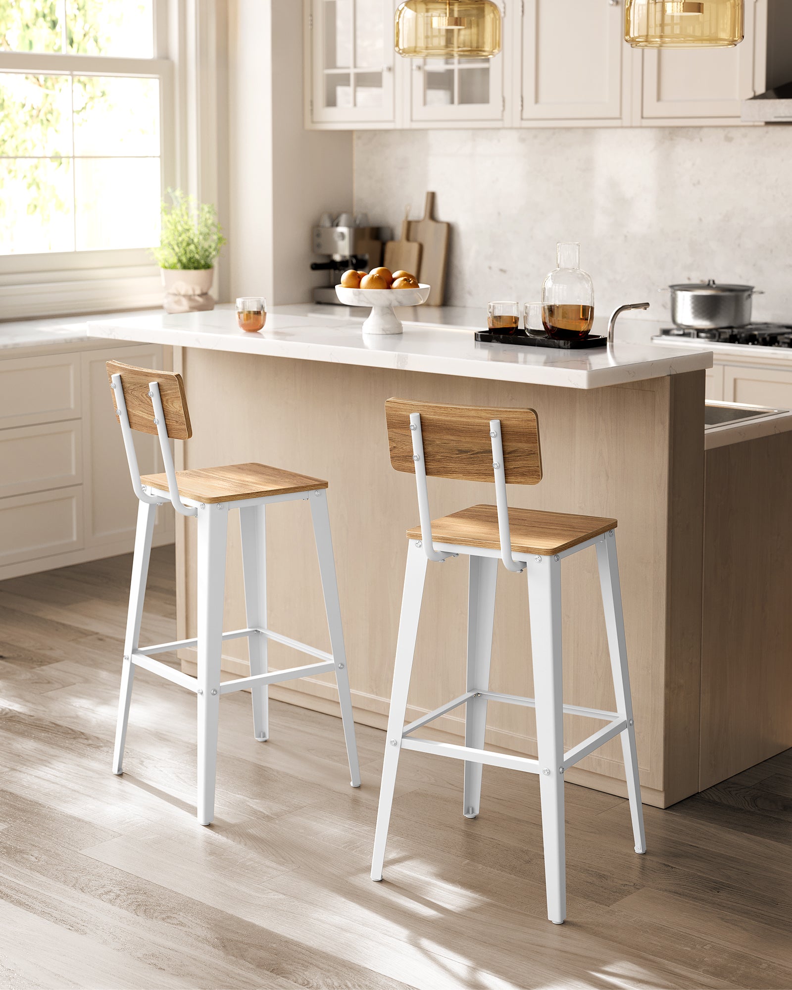 Tabouret Bar Industriel, Lot de 2, Chaise Bar Cuisine, avec Dossier, Cadre en Acier, Montage Facile, Style Industriel, Marron Blé et Blanc Nuage - 2