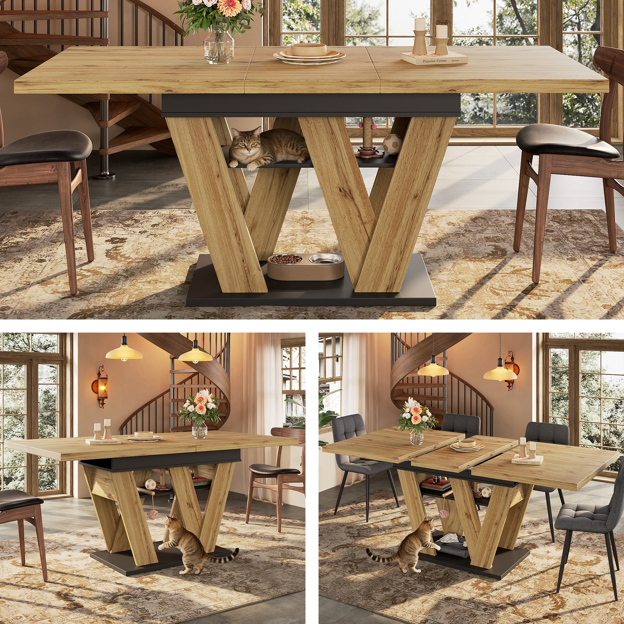 Rozkładany stół jadalny na 4-6 osób z półką - 119/158,5 x 80 x 75 cm - MDF - Czarny + naturalny