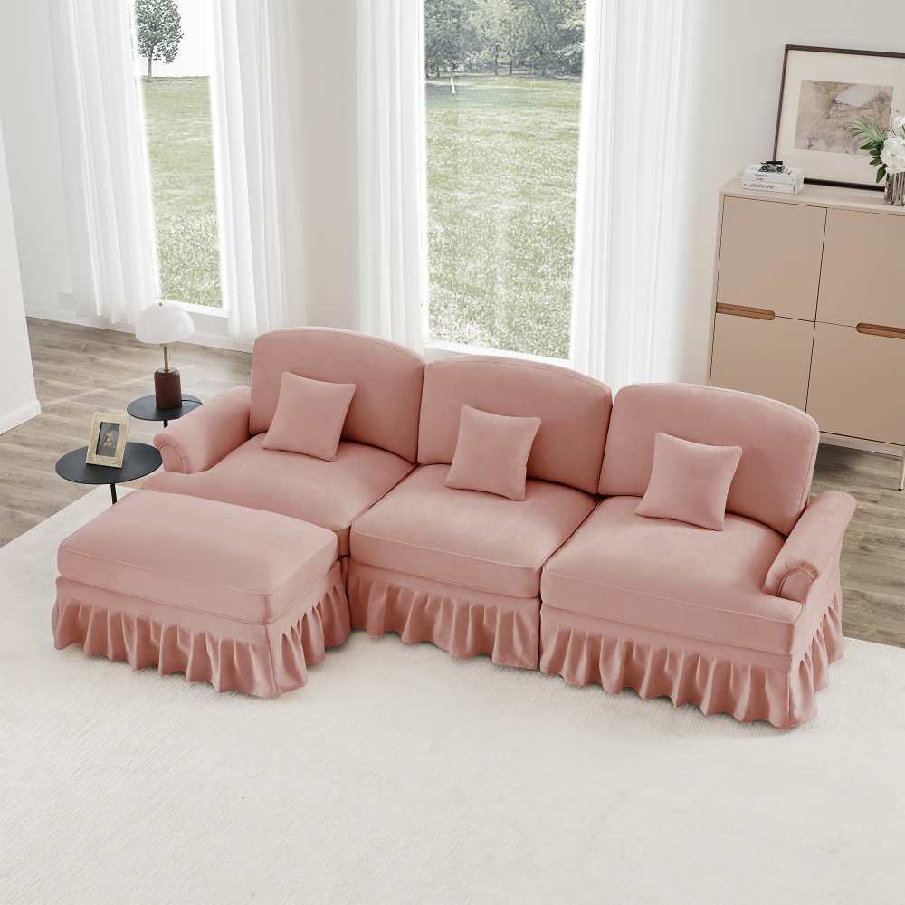 Divano modulare 3 posti a forma di L in chenille con braccioli a tromba, gonna arricciata removibile, gambe sottili e pouf mobile - 2