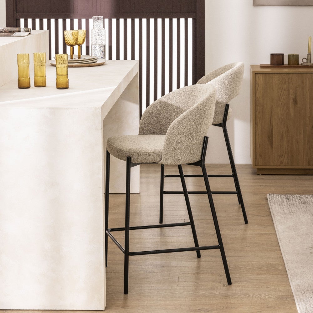 Soren - Lot de 2 chaises de bar en tissu bouclette et métal H65cm - Beige chiné - 6