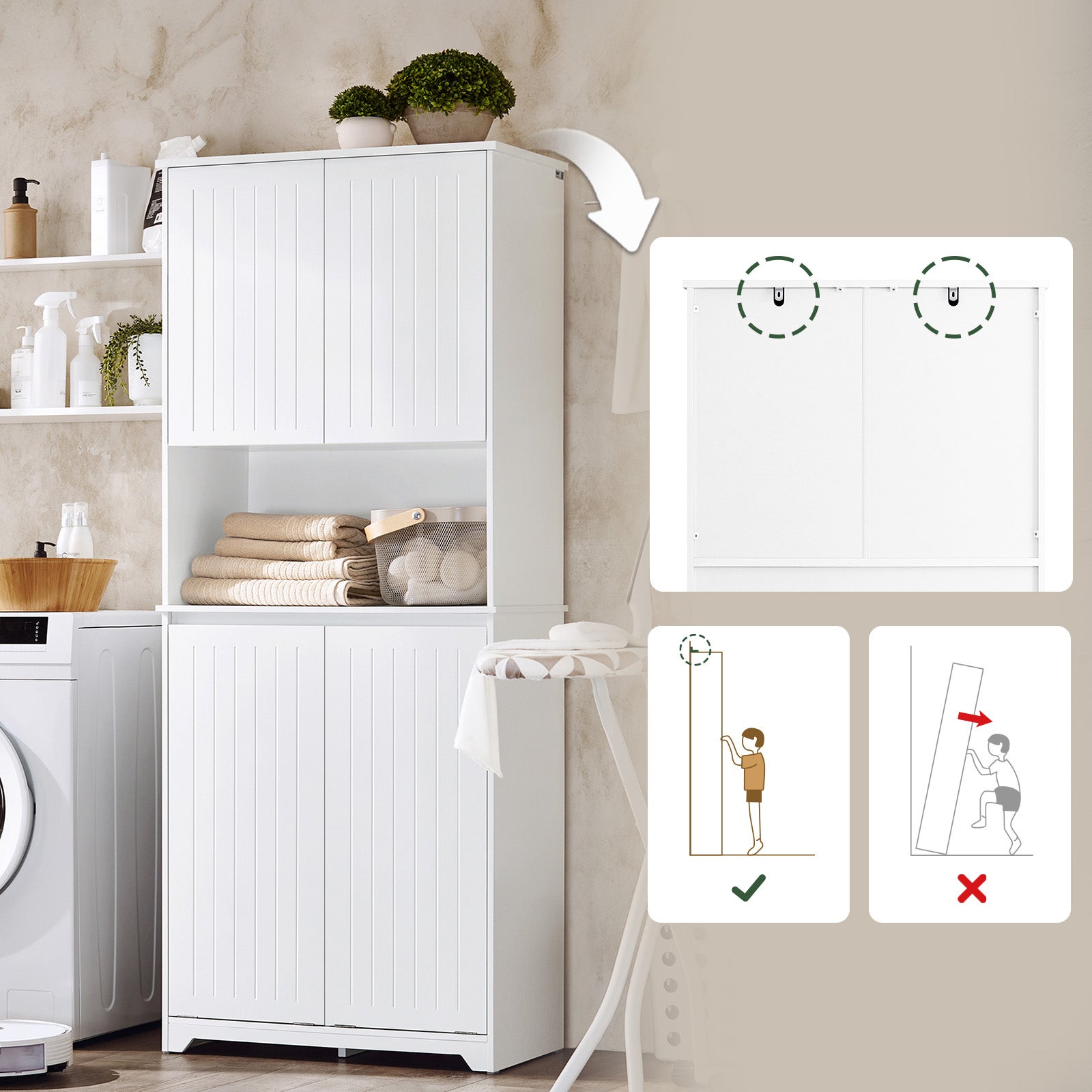 SoBuy Armoire de Salle de Bain Haute avec Sac à Linge, Colonne Meuble Salle de Bain avec Portes, 2 Paniers à Linge Amovibles, Blanc, BZR150-W - 8