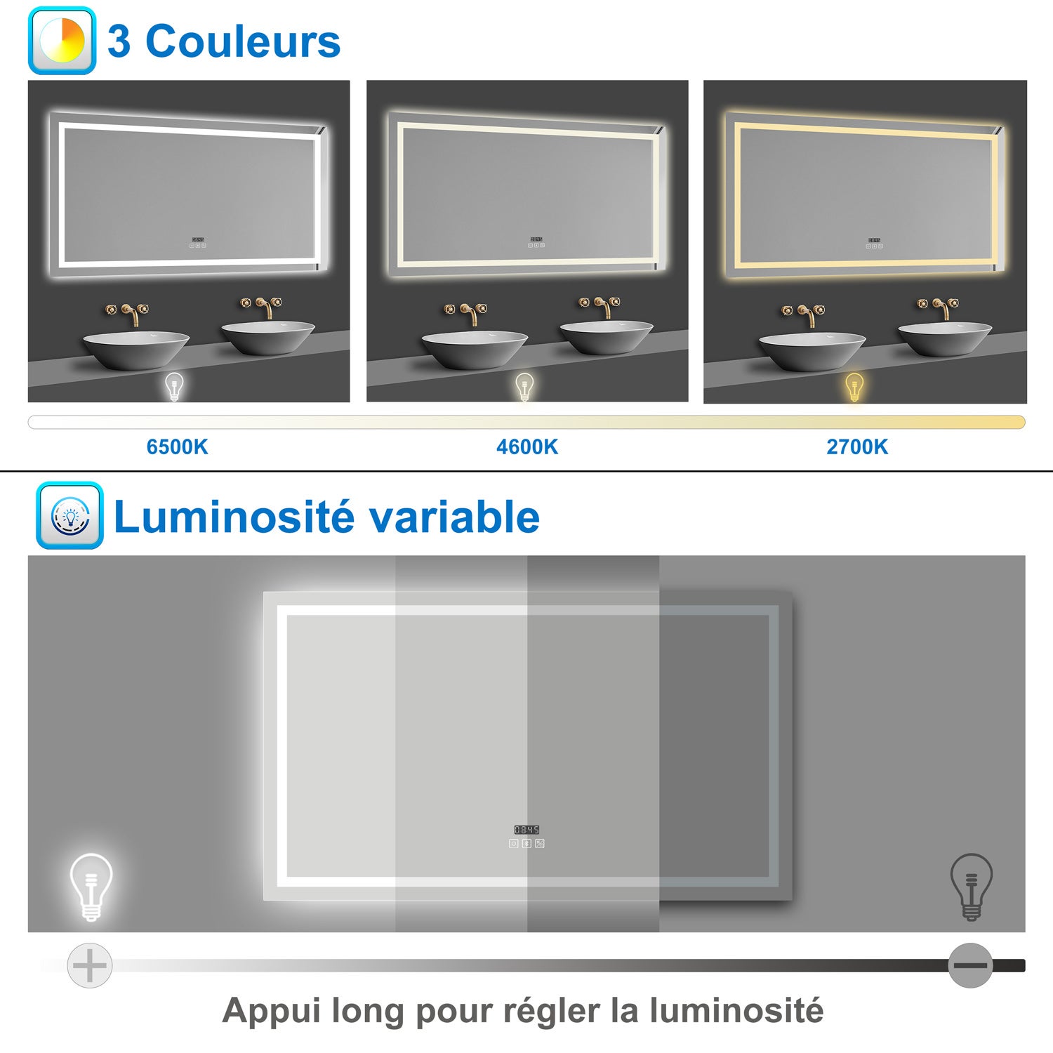 Miroir lumineux avec Bluetooth 80 x 60cm, miroir avec Horloge + 3 Couleurs + Dimmable + Anti-buée, Miroir de Salle de Bain IP44 rectangulaire - 4