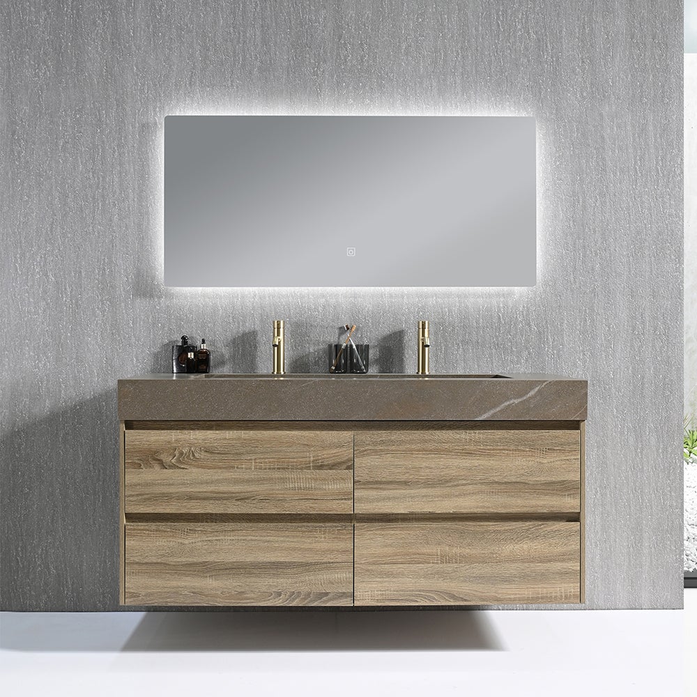 Meuble salle de bain double vasque 120cm bois et effet marbre marron avec miroir LED LB-8476M-120 - 2